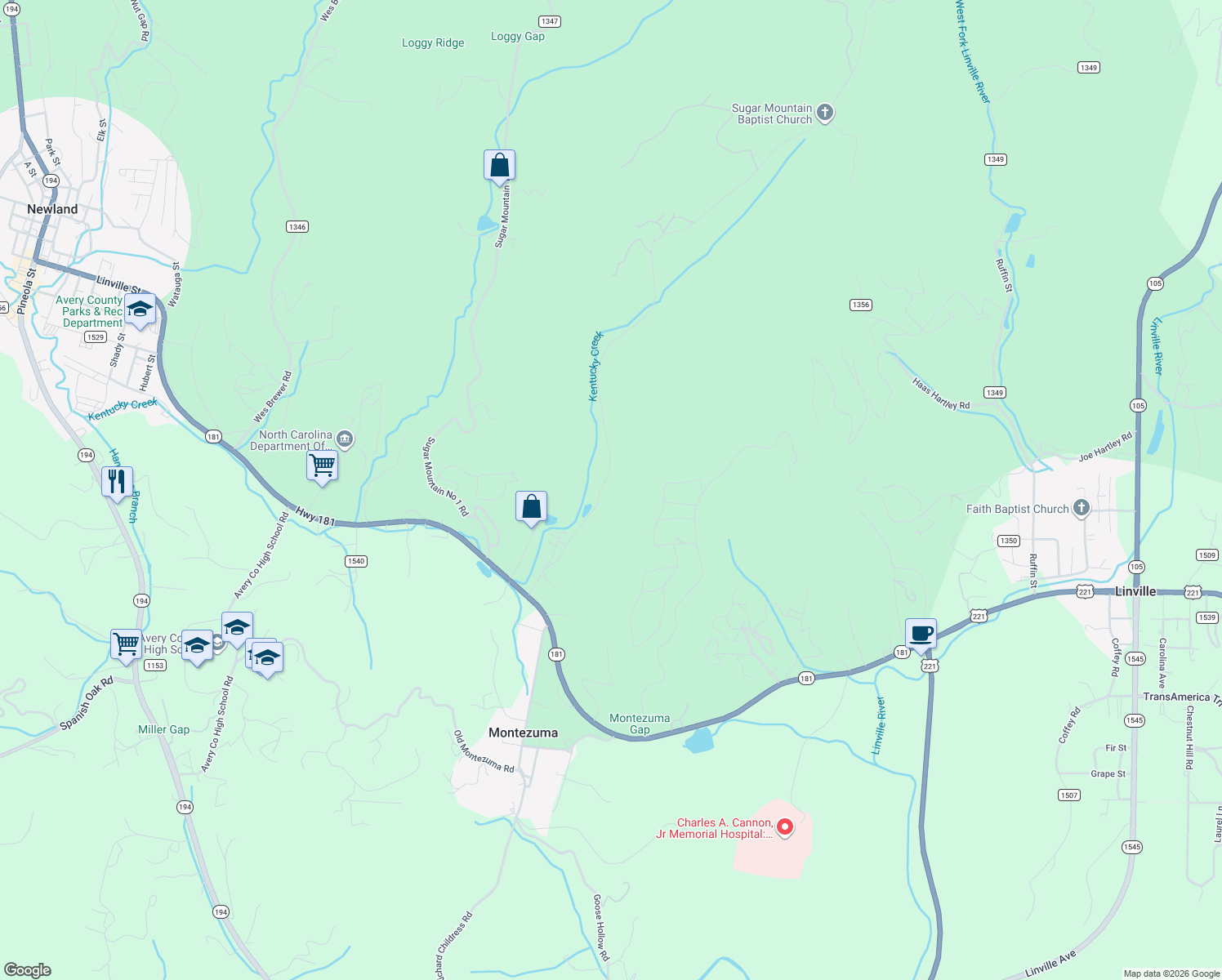 map of restaurants, bars, coffee shops, grocery stores, and more near 398 Sugar Mountain 2 Road in Newland