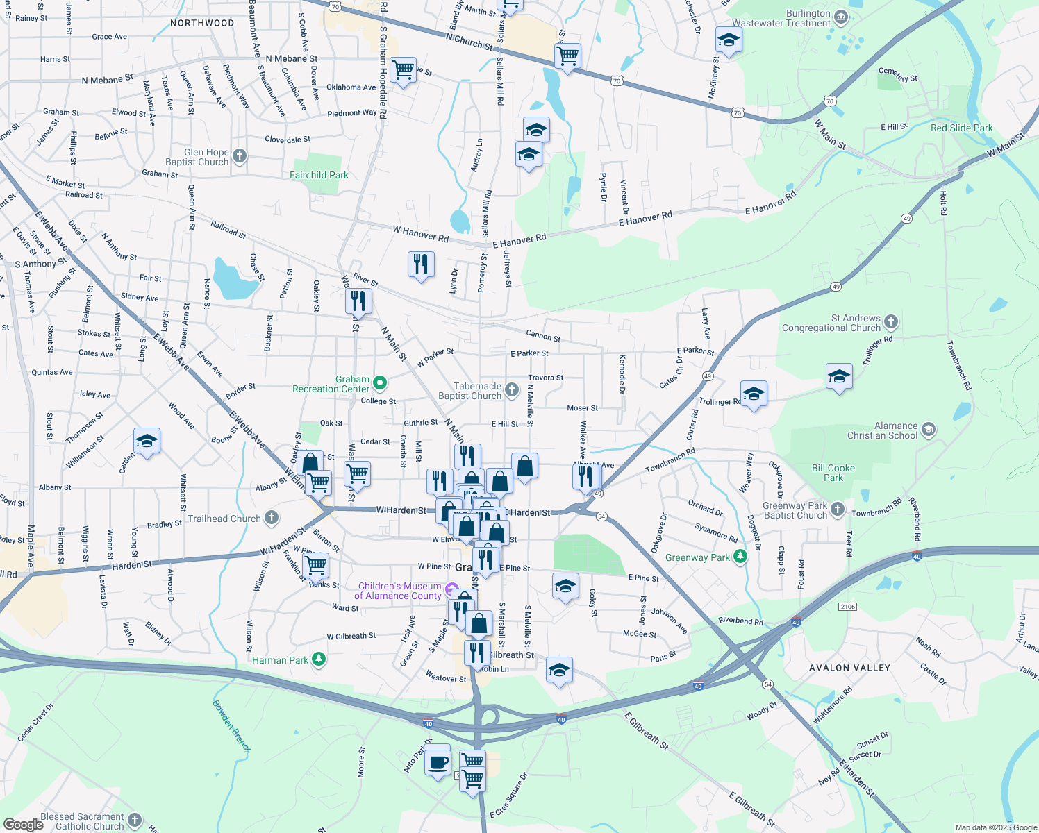 map of restaurants, bars, coffee shops, grocery stores, and more near 208 East Hill Street in Graham