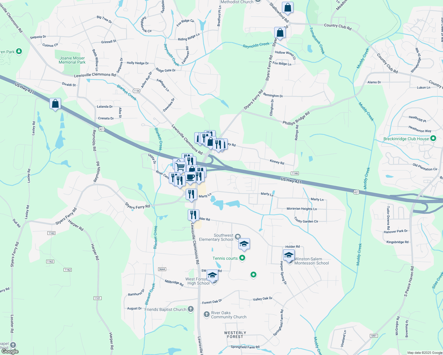 map of restaurants, bars, coffee shops, grocery stores, and more near 1455 Lake Cottage Road in Clemmons