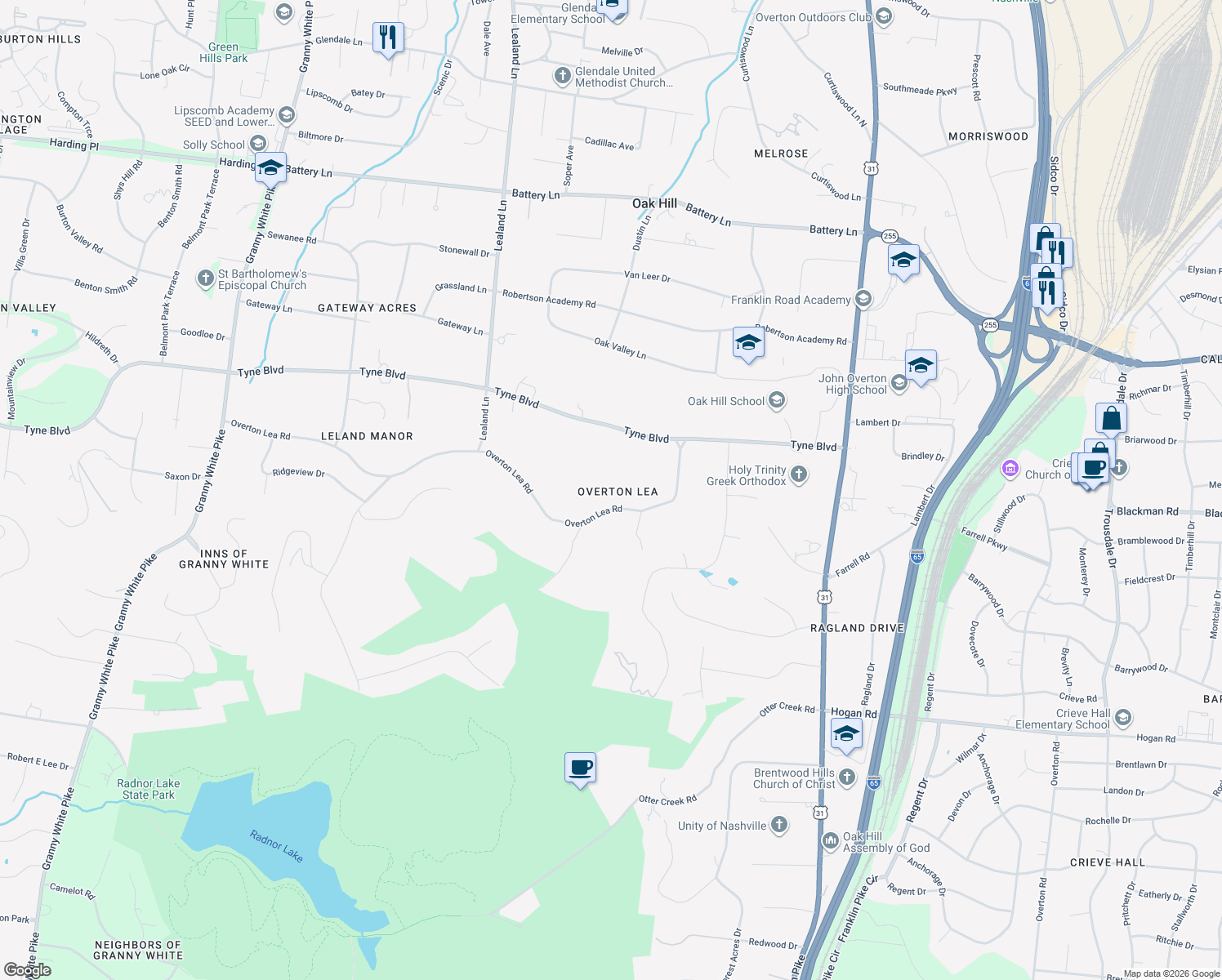 map of restaurants, bars, coffee shops, grocery stores, and more near 926 Overton Lea Road in Nashville
