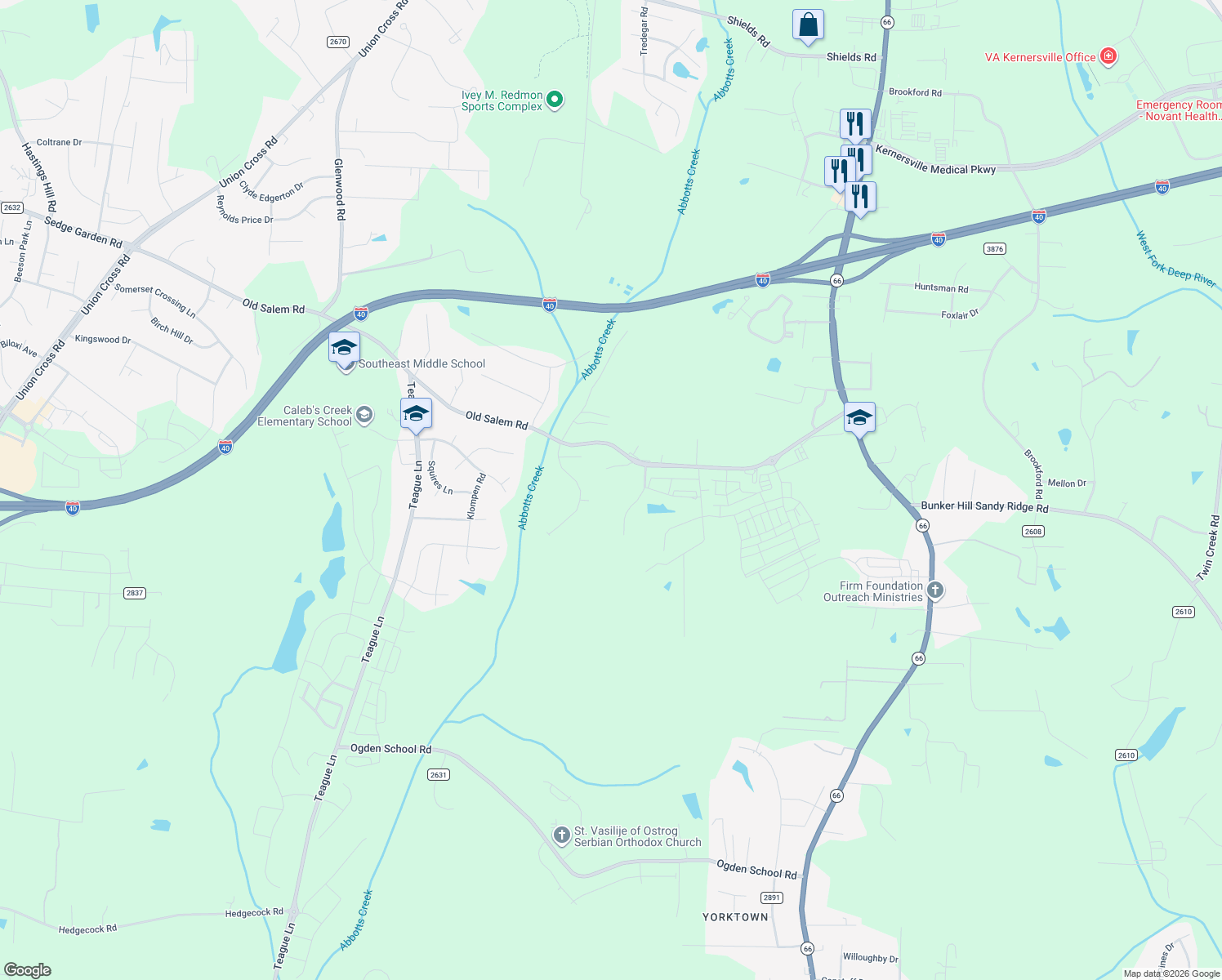 map of restaurants, bars, coffee shops, grocery stores, and more near 1314 Ellis Forest Road in Kernersville