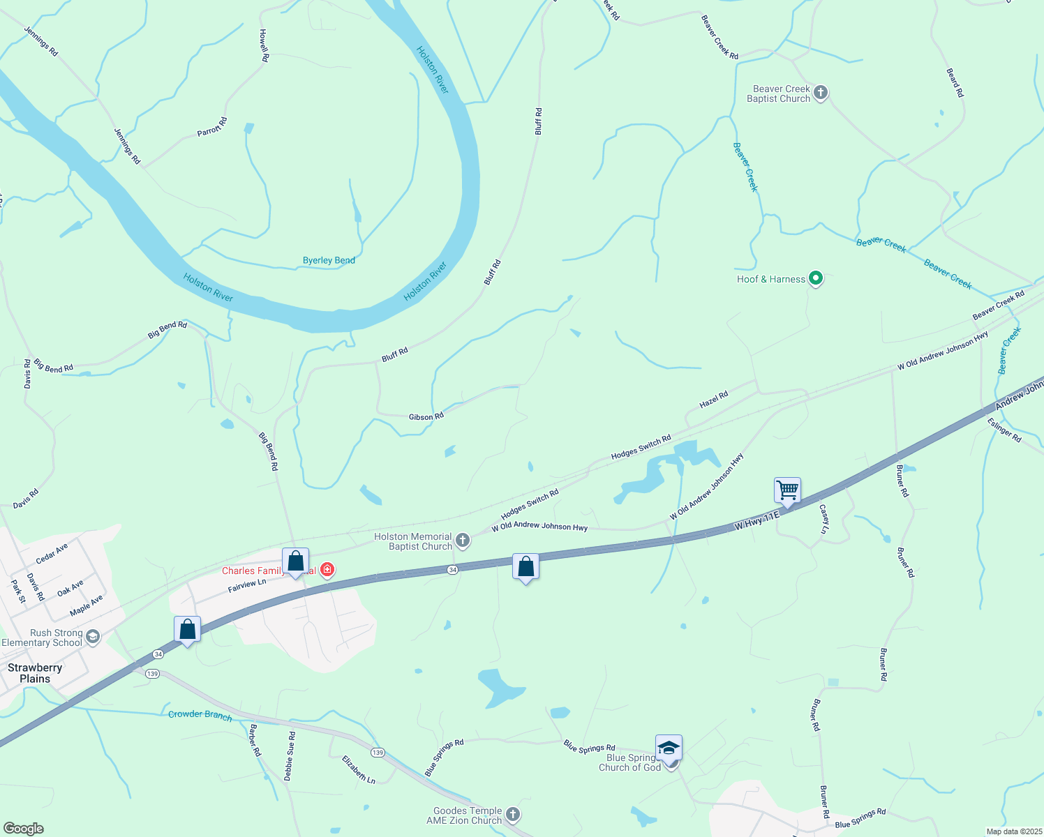 map of restaurants, bars, coffee shops, grocery stores, and more near 412 Windy Hill Lane in Strawberry Plains