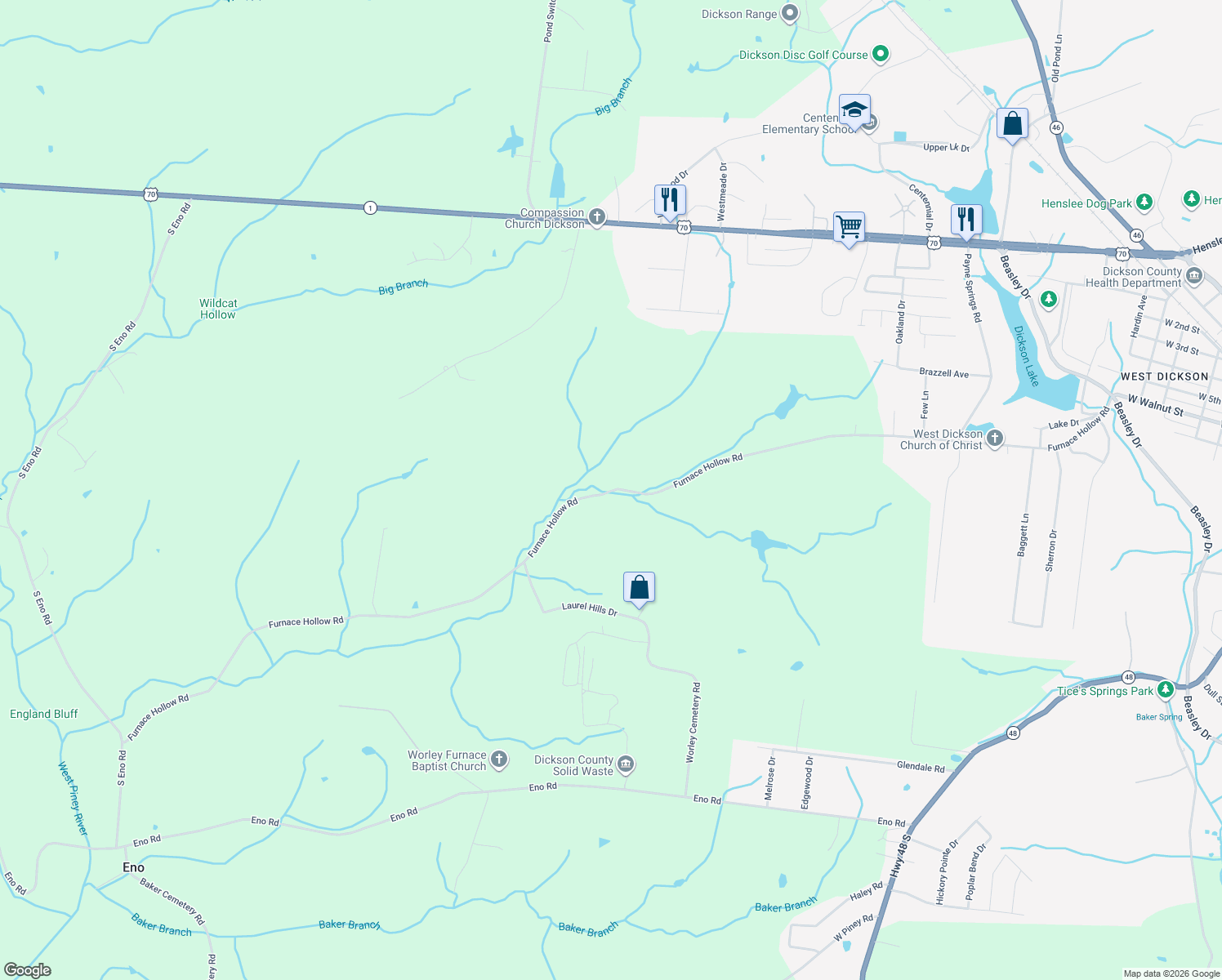 map of restaurants, bars, coffee shops, grocery stores, and more near 671 Furnace Hollow Road in Dickson