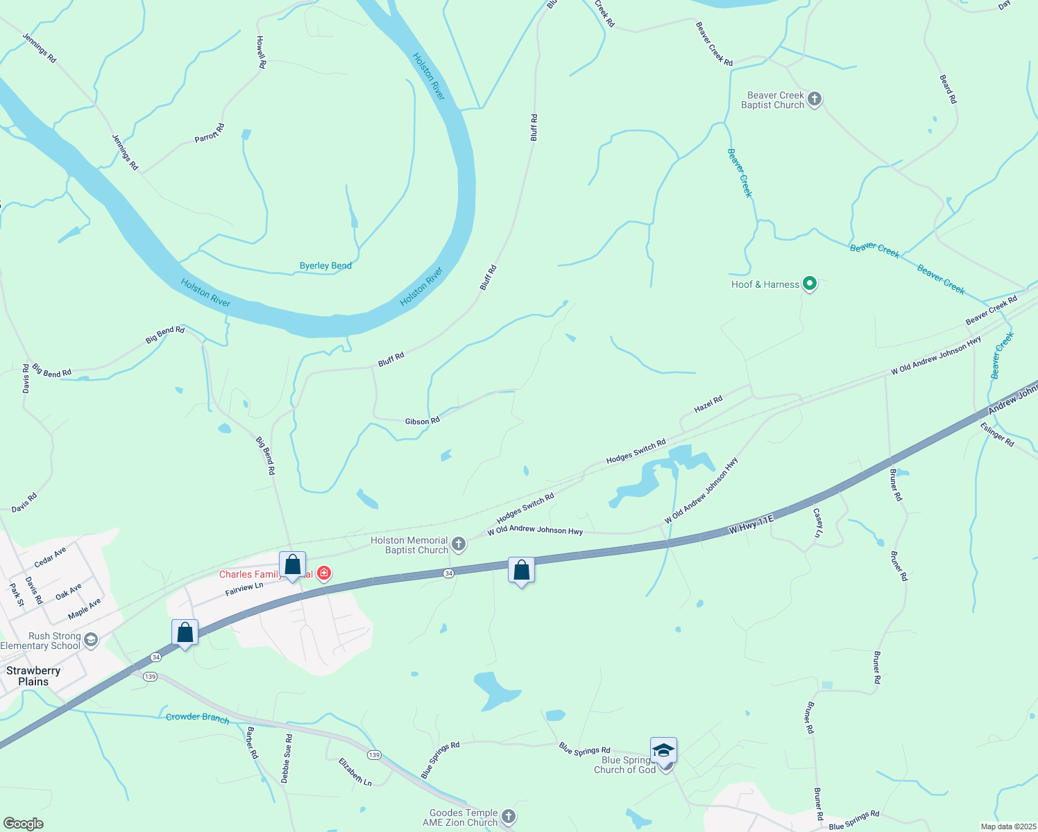 map of restaurants, bars, coffee shops, grocery stores, and more near 412 Windy Hill Lane in Strawberry Plains
