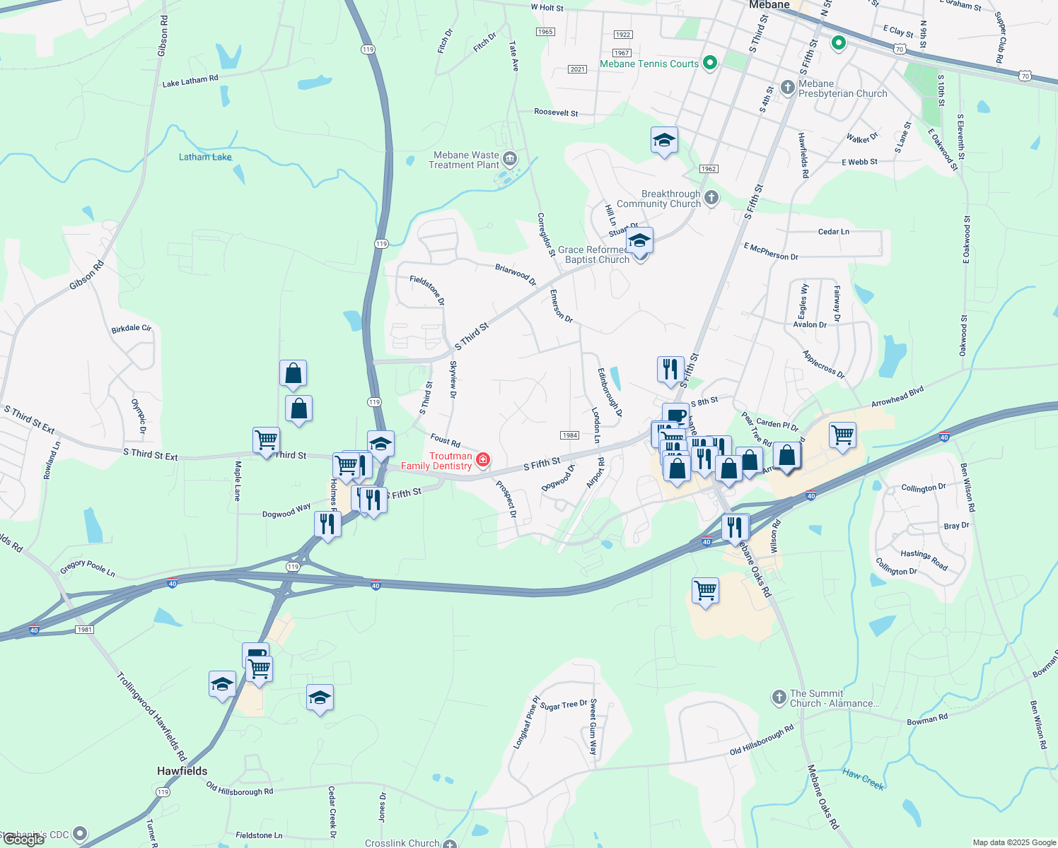 map of restaurants, bars, coffee shops, grocery stores, and more near 1119 Cedar Ridge Dr in Mebane