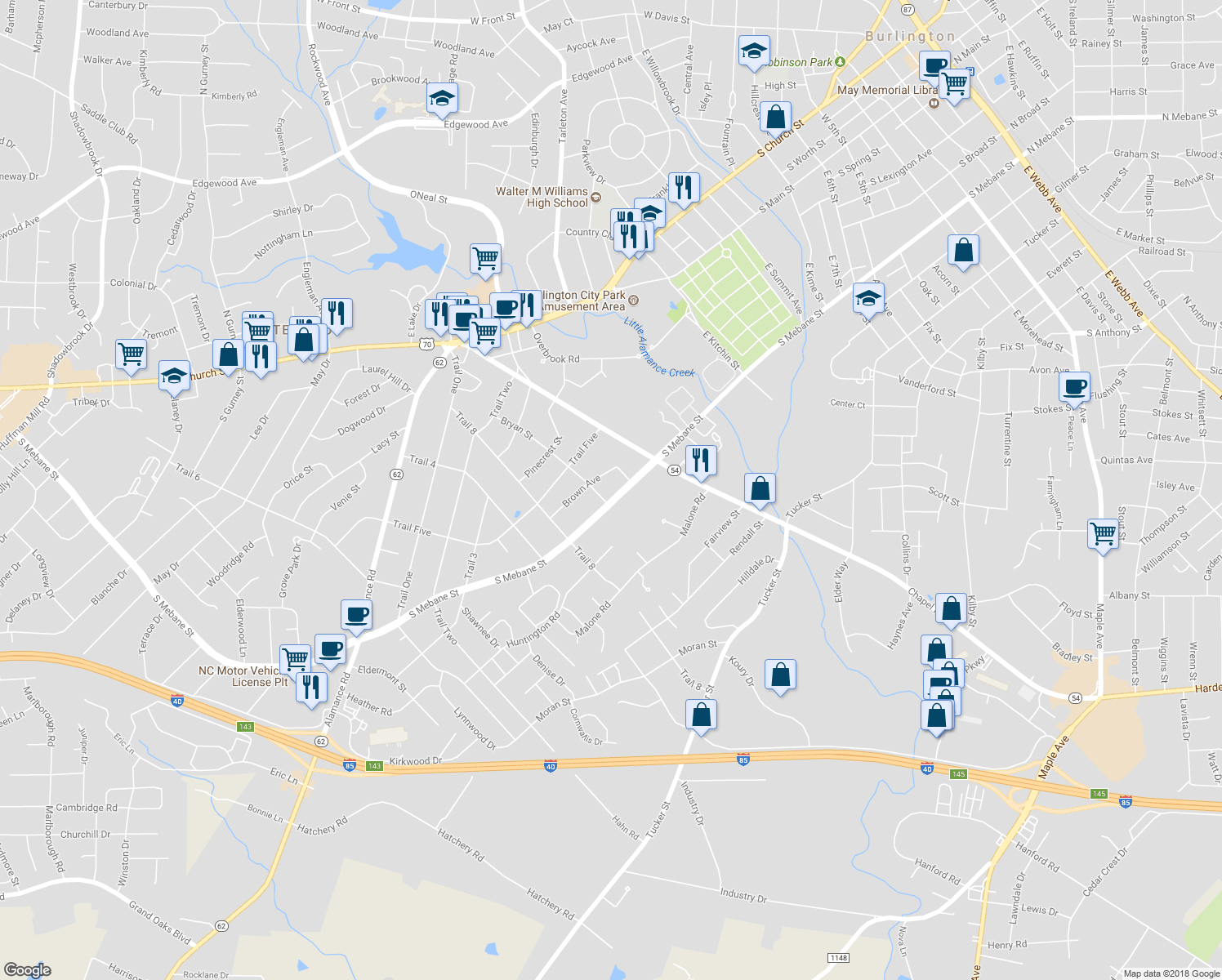 map of restaurants, bars, coffee shops, grocery stores, and more near 1717 South Mebane Street in Burlington