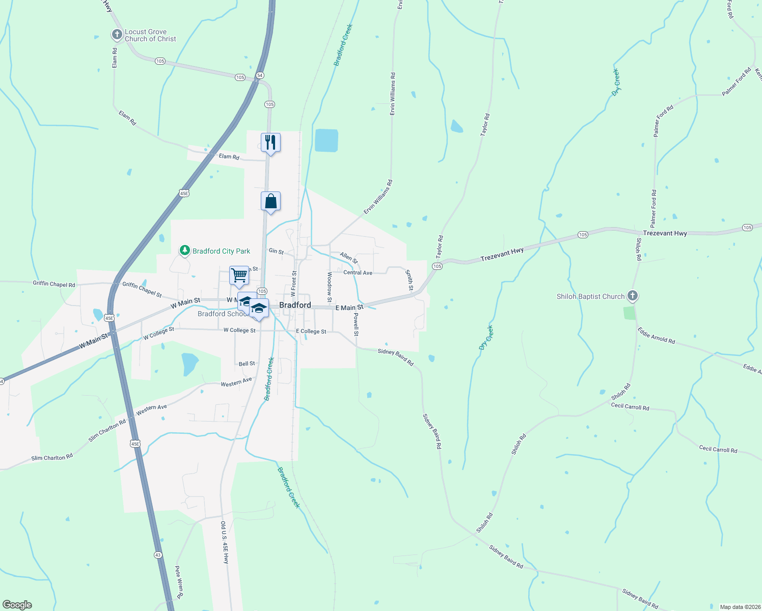 map of restaurants, bars, coffee shops, grocery stores, and more near 439 East Main Street in Bradford