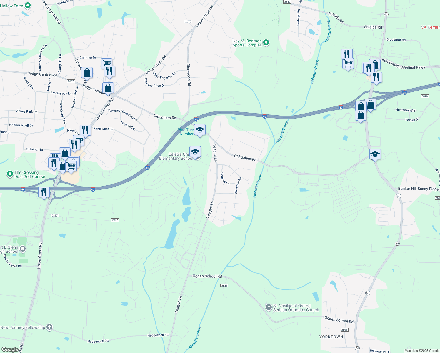 map of restaurants, bars, coffee shops, grocery stores, and more near 1520 Squires Lane in Kernersville