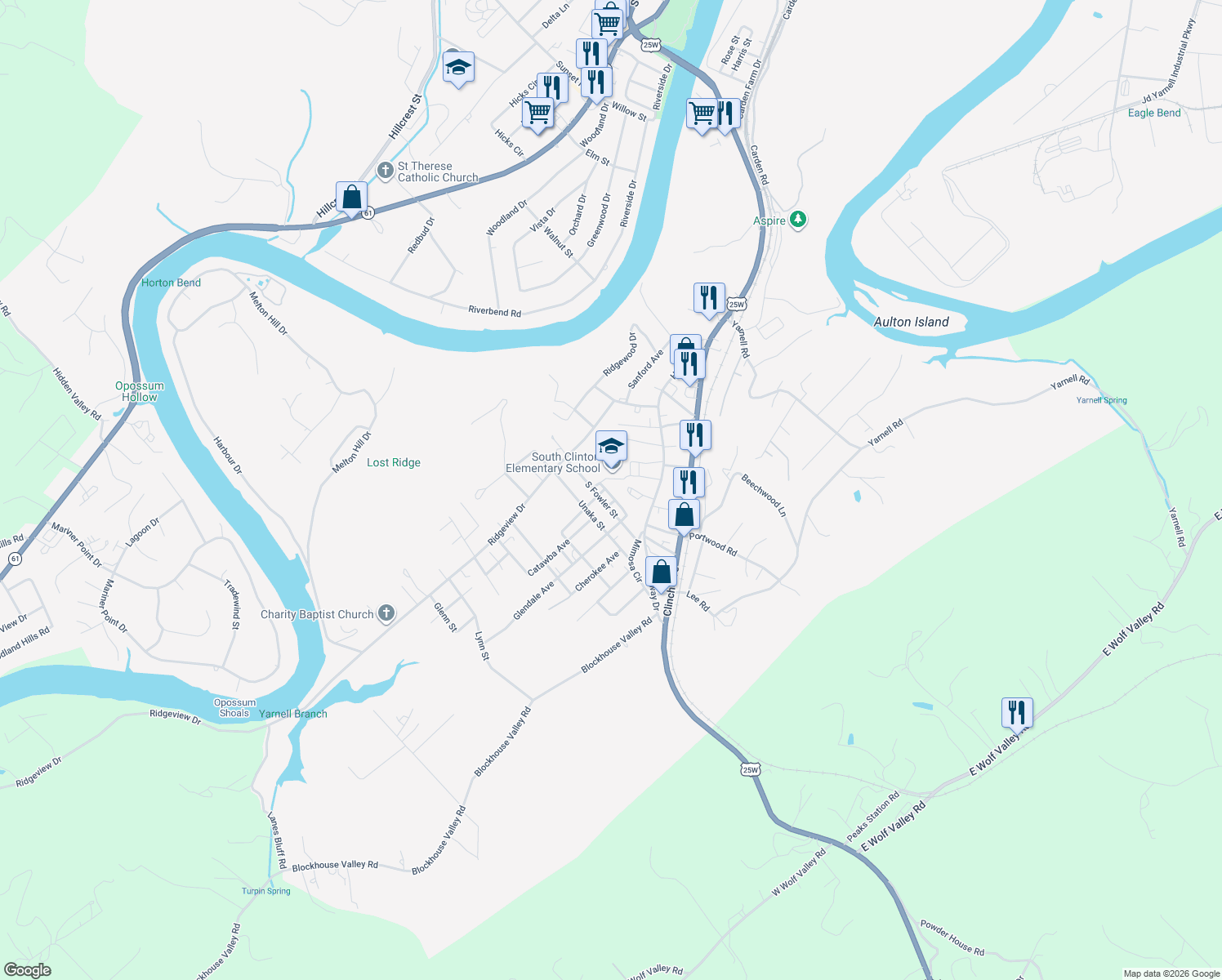 map of restaurants, bars, coffee shops, grocery stores, and more near 113 South Fowler Circle in Clinton