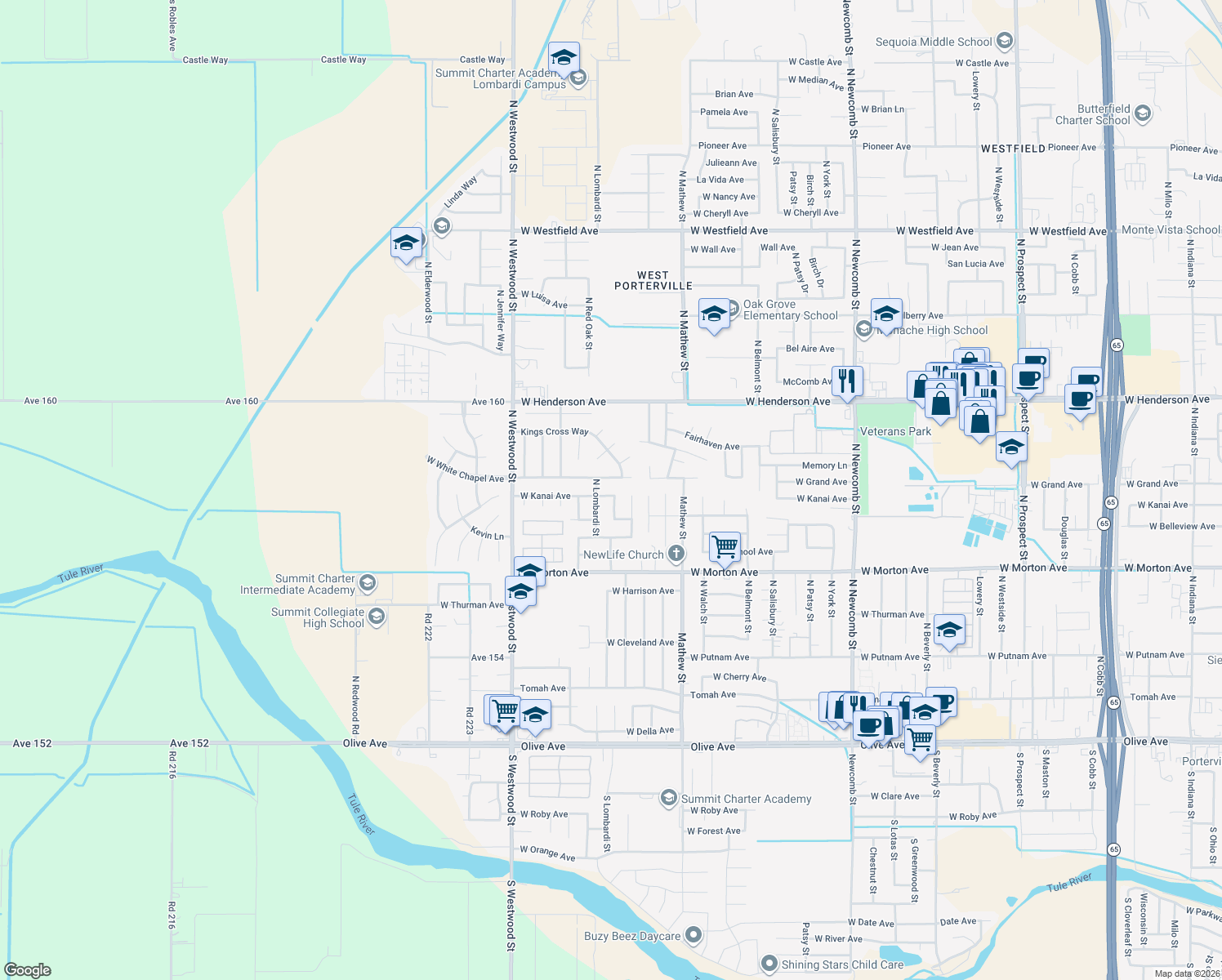 map of restaurants, bars, coffee shops, grocery stores, and more near 2180 West Kanai Avenue in Porterville
