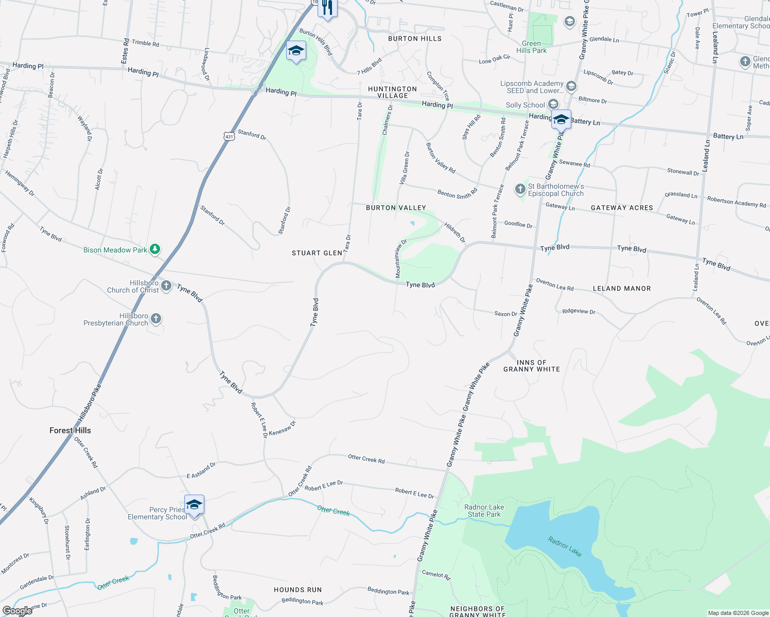 map of restaurants, bars, coffee shops, grocery stores, and more near 5809 Still Hollow Road in Nashville