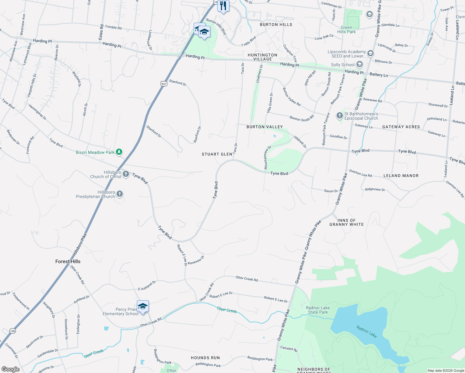map of restaurants, bars, coffee shops, grocery stores, and more near 5887 Fredericksburg Drive in Nashville