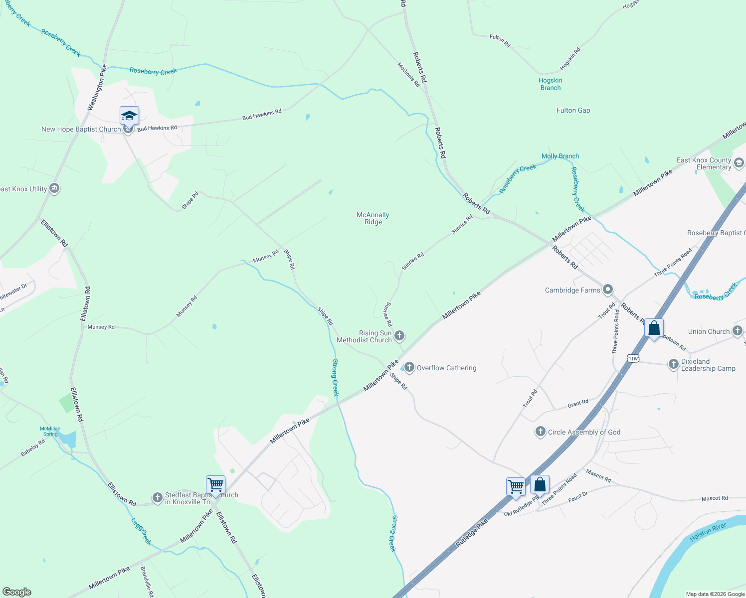 map of restaurants, bars, coffee shops, grocery stores, and more near 8435 Rising Sun Drive in Knox County