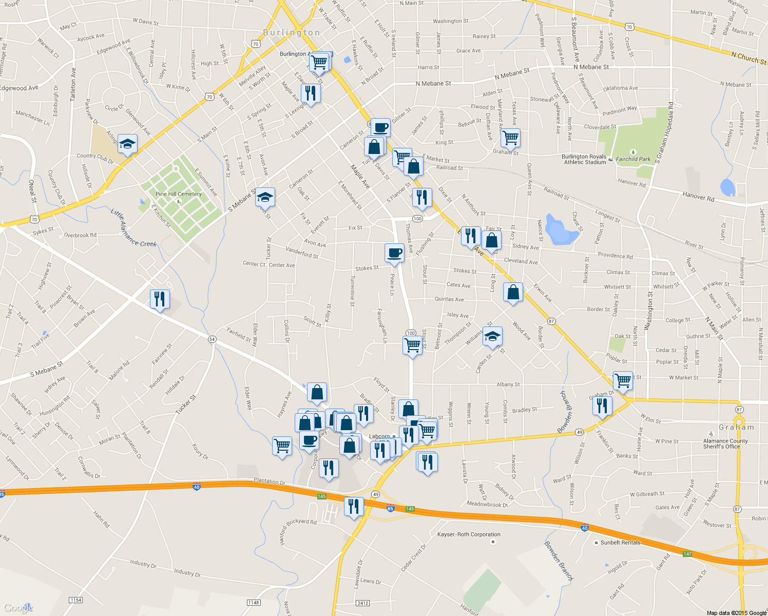 map of restaurants, bars, coffee shops, grocery stores, and more near 511 Foxton Lane in Burlington
