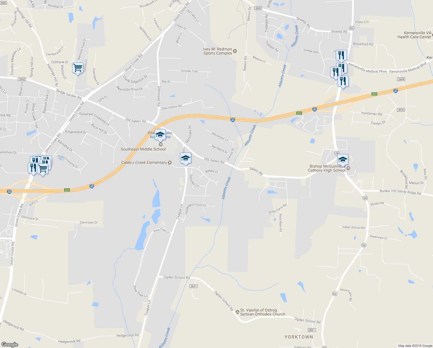 map of restaurants, bars, coffee shops, grocery stores, and more near 1517 Ballard Court in Kernersville