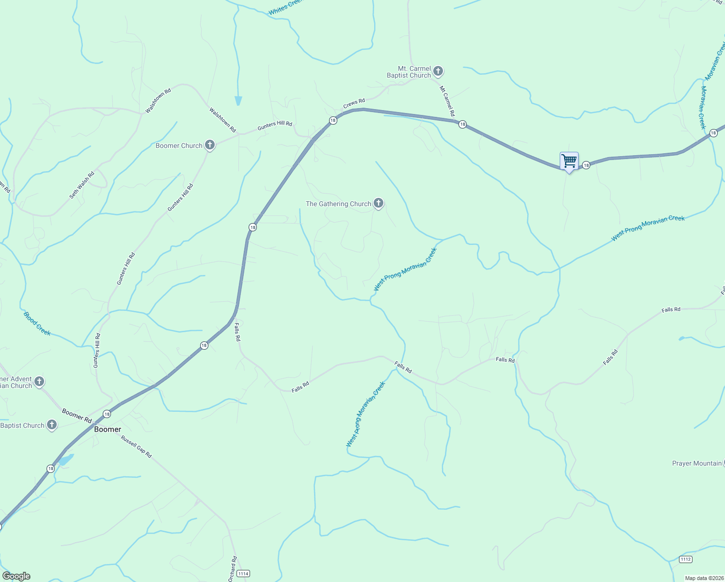 map of restaurants, bars, coffee shops, grocery stores, and more near 166 Zinzendorf Lane in Moravian Falls
