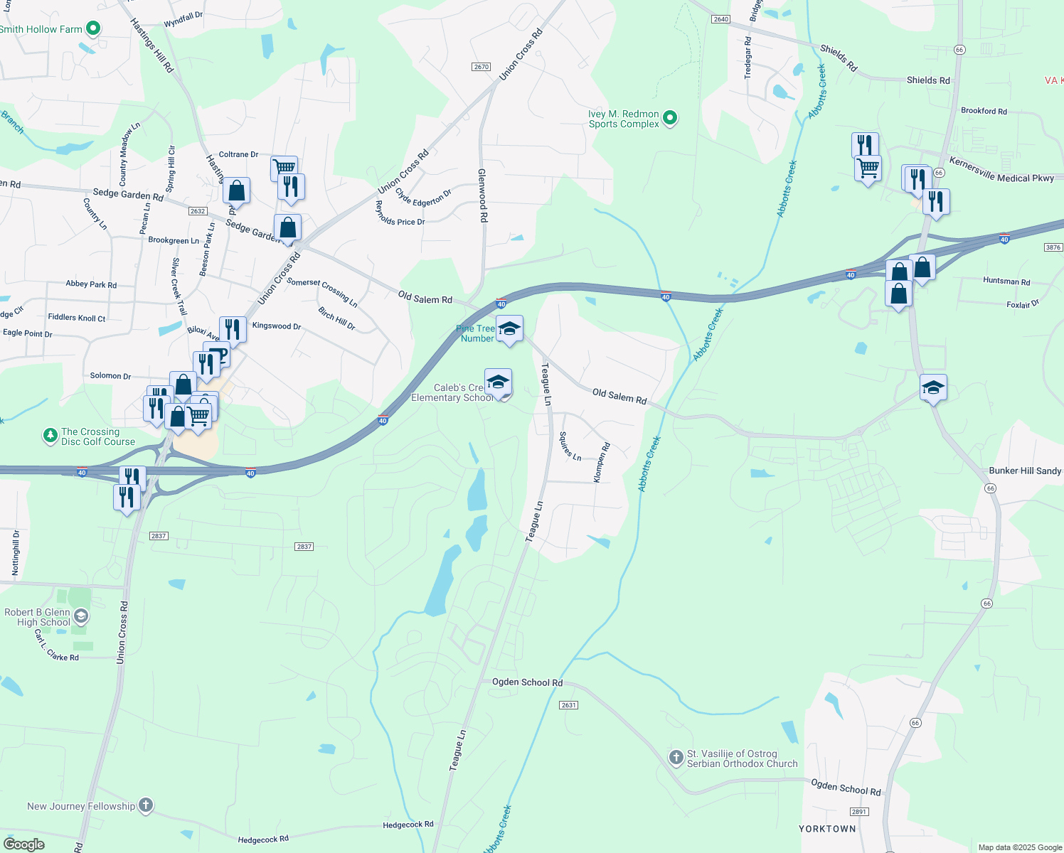 map of restaurants, bars, coffee shops, grocery stores, and more near 1544 Teague Lane in Kernersville