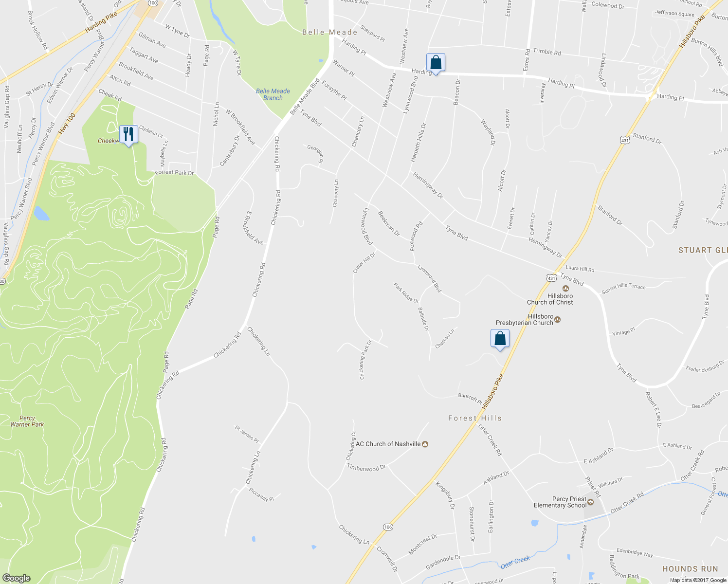 map of restaurants, bars, coffee shops, grocery stores, and more near 1122 Crater Hill Drive in Nashville