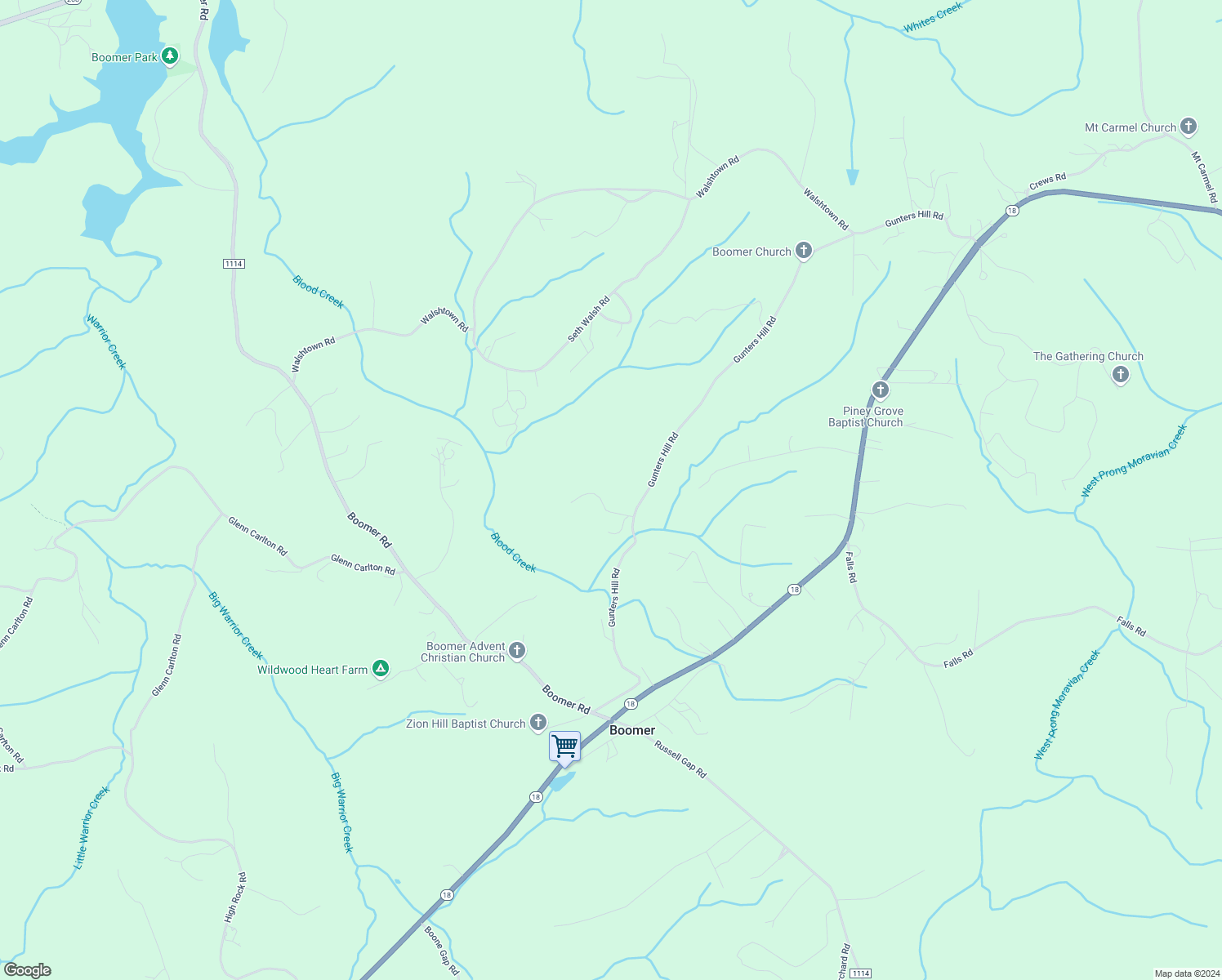 map of restaurants, bars, coffee shops, grocery stores, and more near 1458 Gunters Hill Rd in Boomer