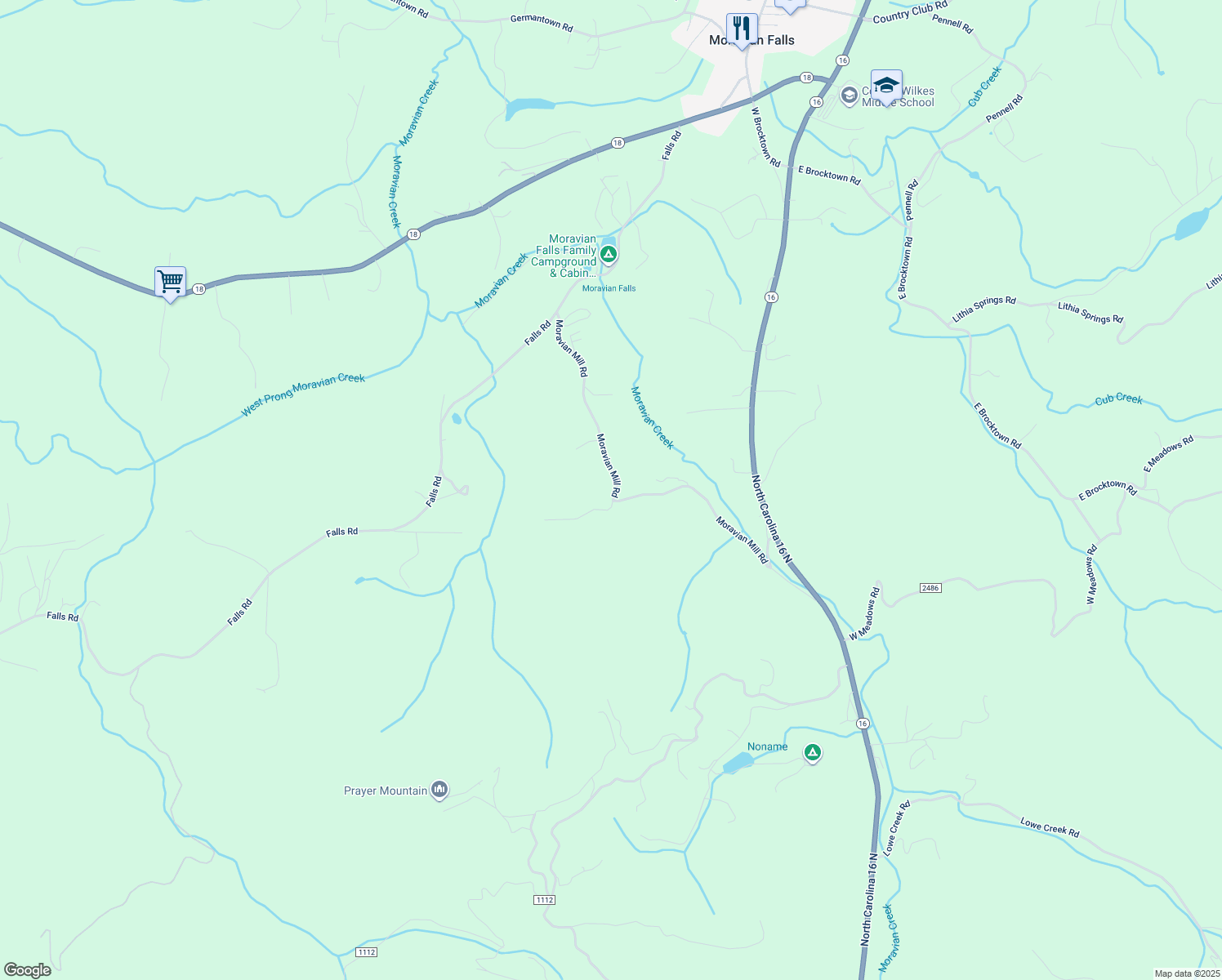 map of restaurants, bars, coffee shops, grocery stores, and more near 622 Moravian Mill Road in Moravian Falls