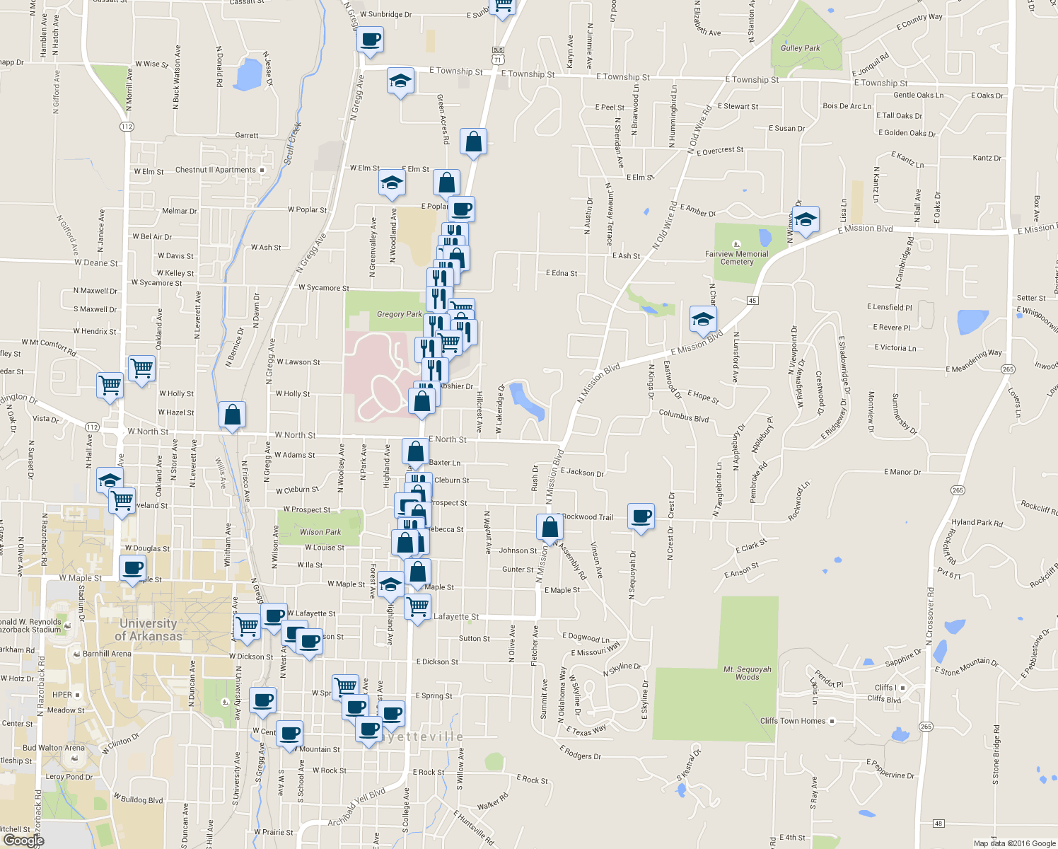 map of restaurants, bars, coffee shops, grocery stores, and more near 1140 East Lakefront Drive in Fayetteville