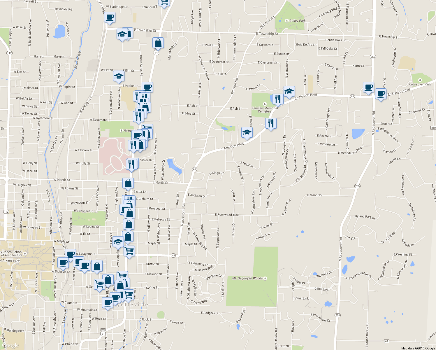 map of restaurants, bars, coffee shops, grocery stores, and more near 1063 North Kings Drive in Fayetteville