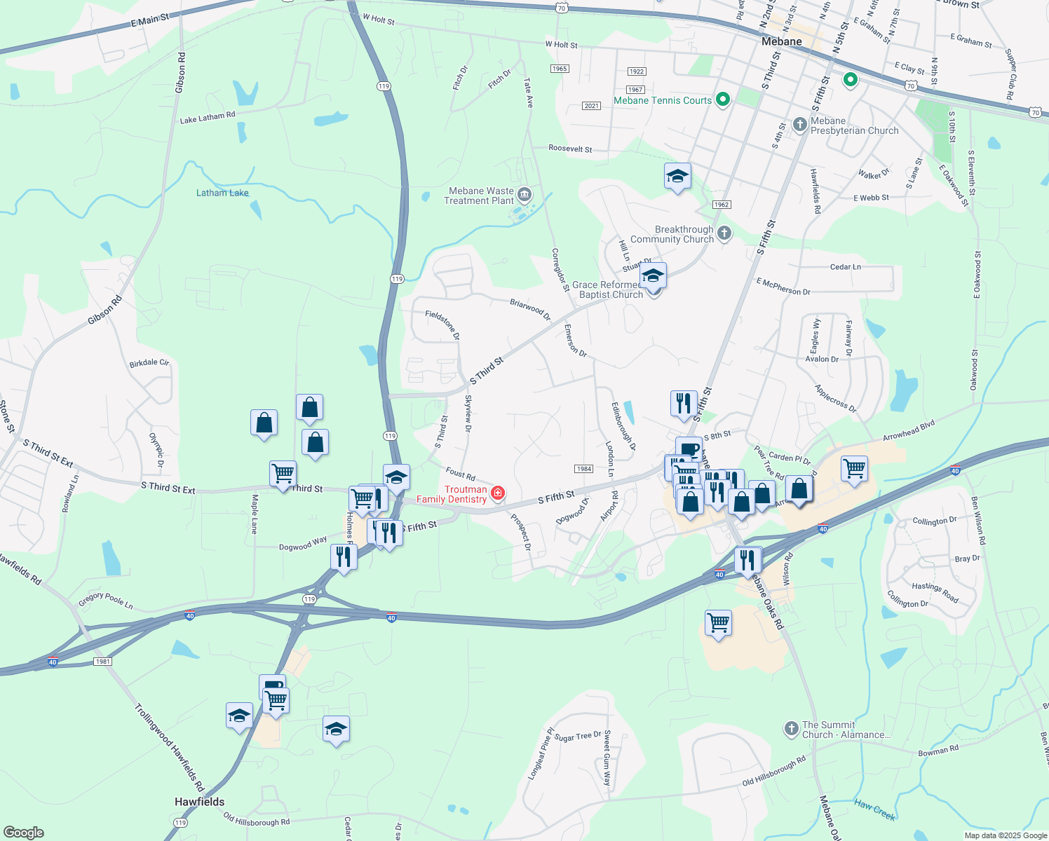 map of restaurants, bars, coffee shops, grocery stores, and more near 1149 Newberry Dr in Mebane