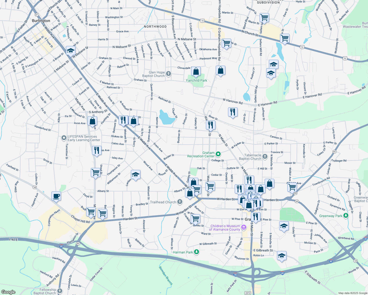 map of restaurants, bars, coffee shops, grocery stores, and more near 618 Whitsett Street in Graham