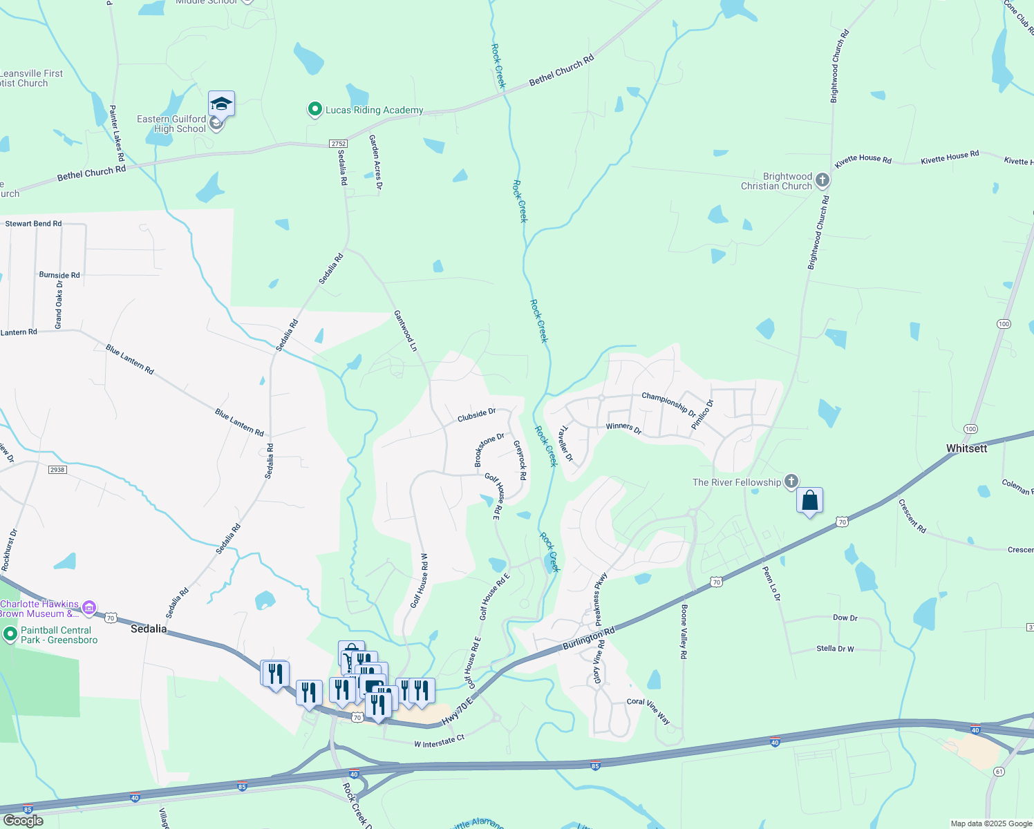 map of restaurants, bars, coffee shops, grocery stores, and more near 606 Greyrock Road in Whitsett