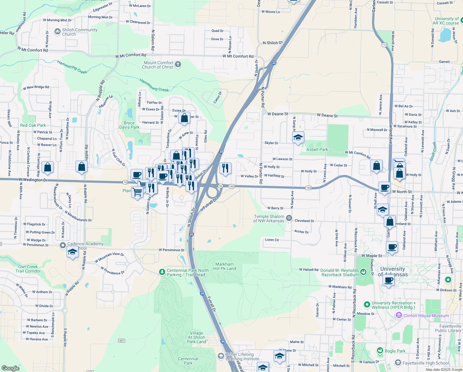 map of restaurants, bars, coffee shops, grocery stores, and more near 2723 West Wedington Drive in Fayetteville