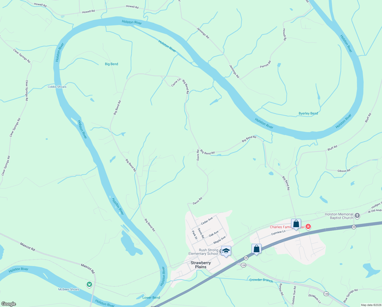 map of restaurants, bars, coffee shops, grocery stores, and more near 425 Davis Road in Strawberry Plains