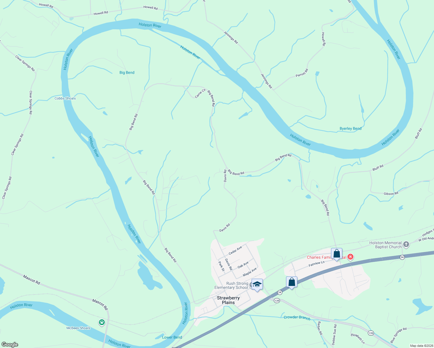map of restaurants, bars, coffee shops, grocery stores, and more near 425 Davis Rd in Strawberry Plains