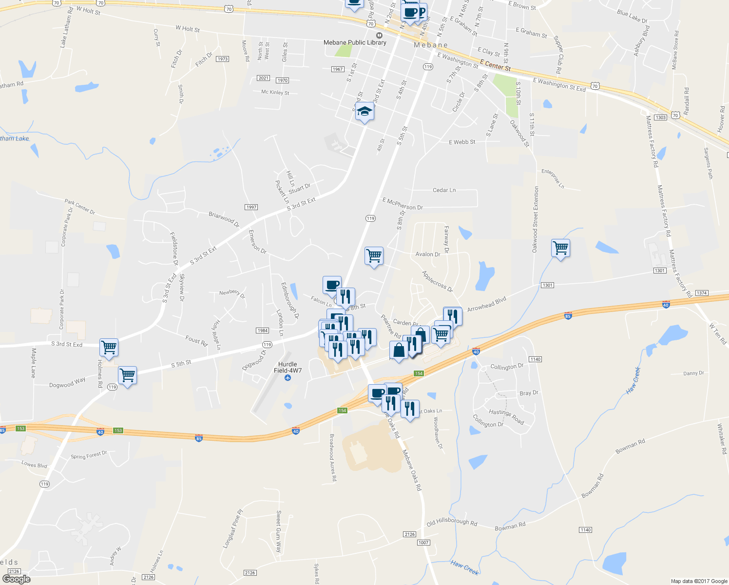 map of restaurants, bars, coffee shops, grocery stores, and more near 919 Arrowhead Lane in Mebane