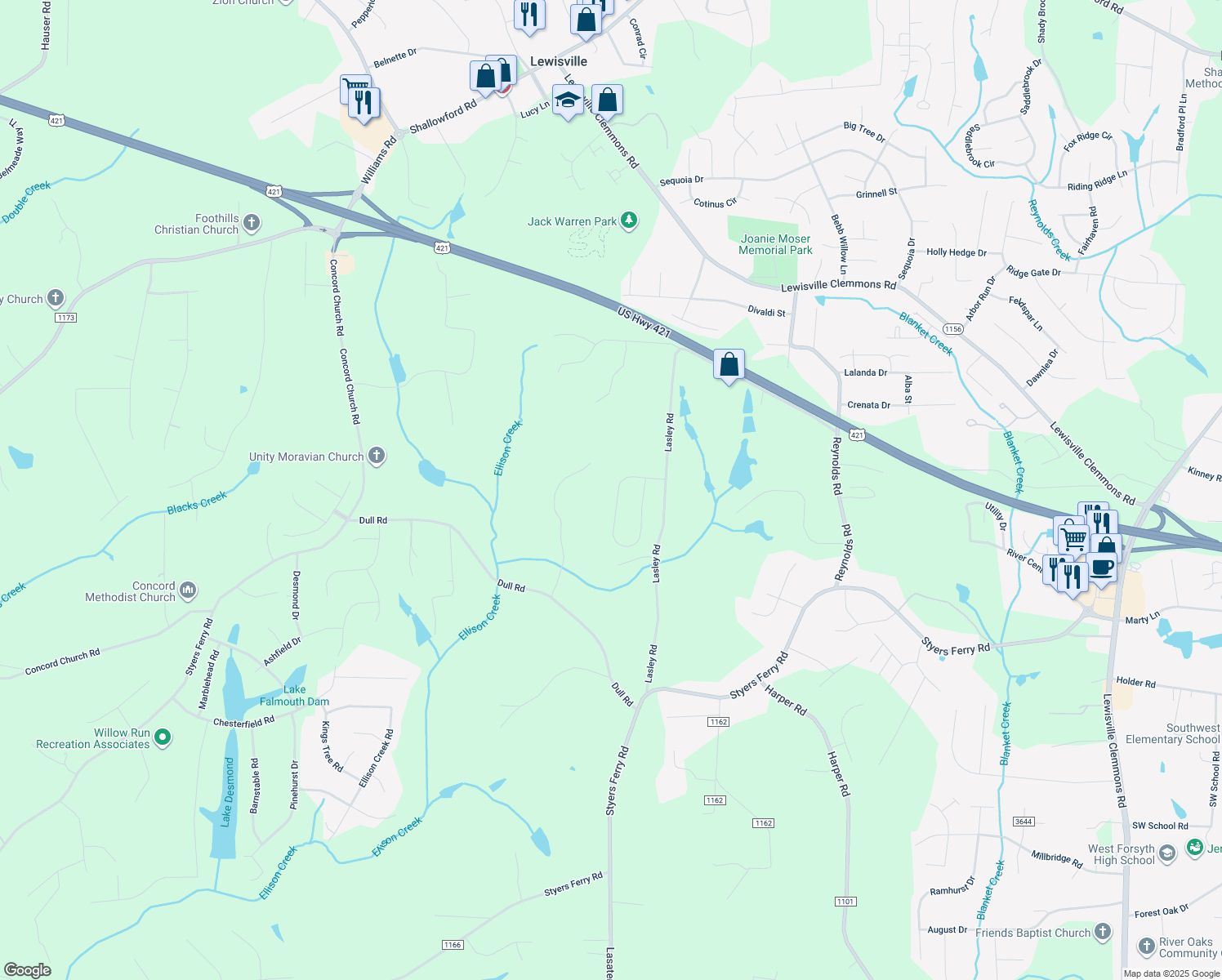 map of restaurants, bars, coffee shops, grocery stores, and more near 7917 Lasley Forest Road in Lewisville