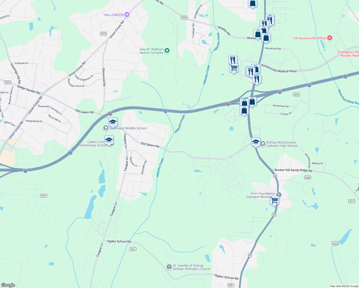 map of restaurants, bars, coffee shops, grocery stores, and more near 1763 Angus Ridge Drive in Kernersville