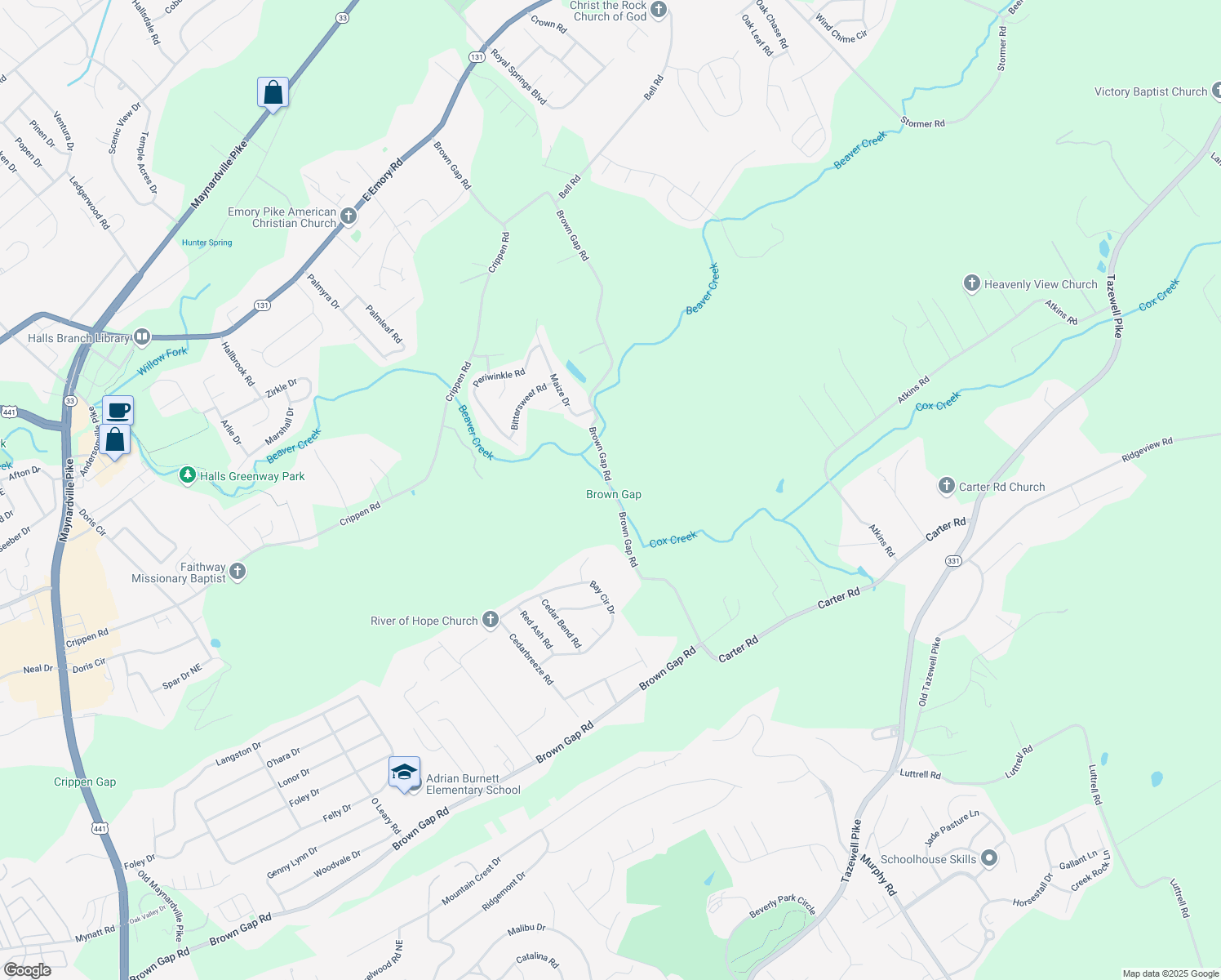 map of restaurants, bars, coffee shops, grocery stores, and more near Brown Gap Road in Knoxville