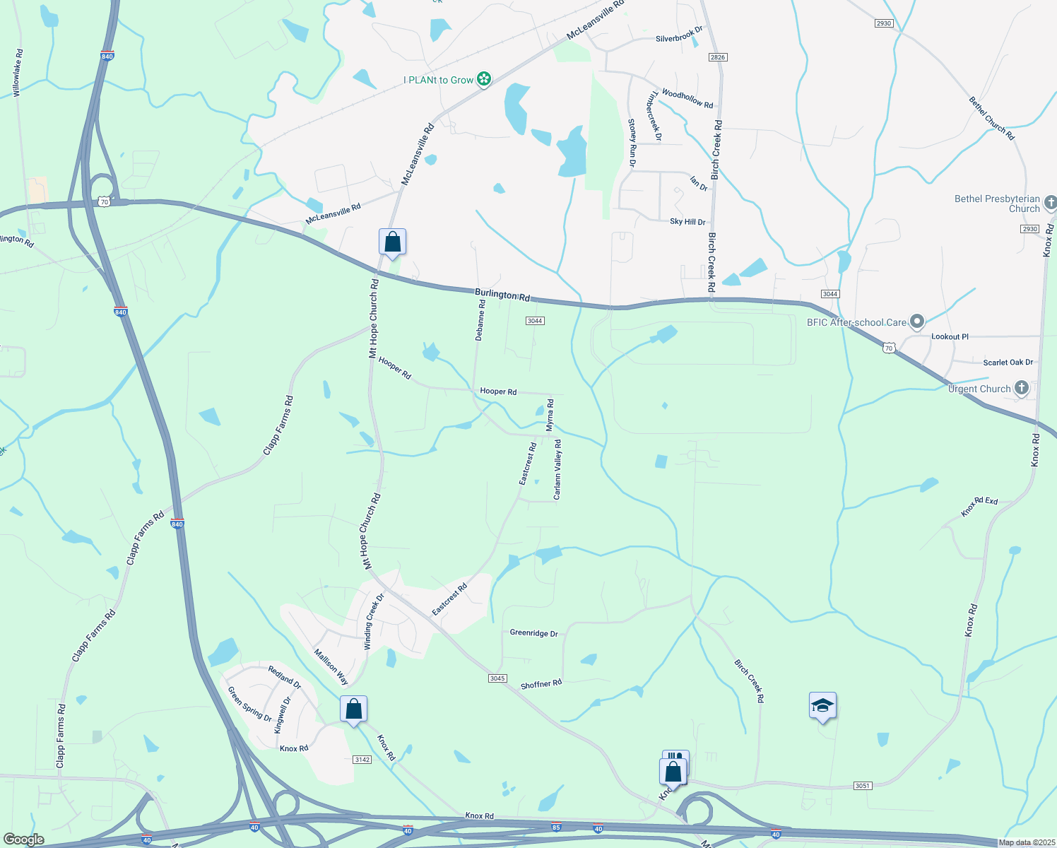 map of restaurants, bars, coffee shops, grocery stores, and more near 307 Debanne Road in McLeansville