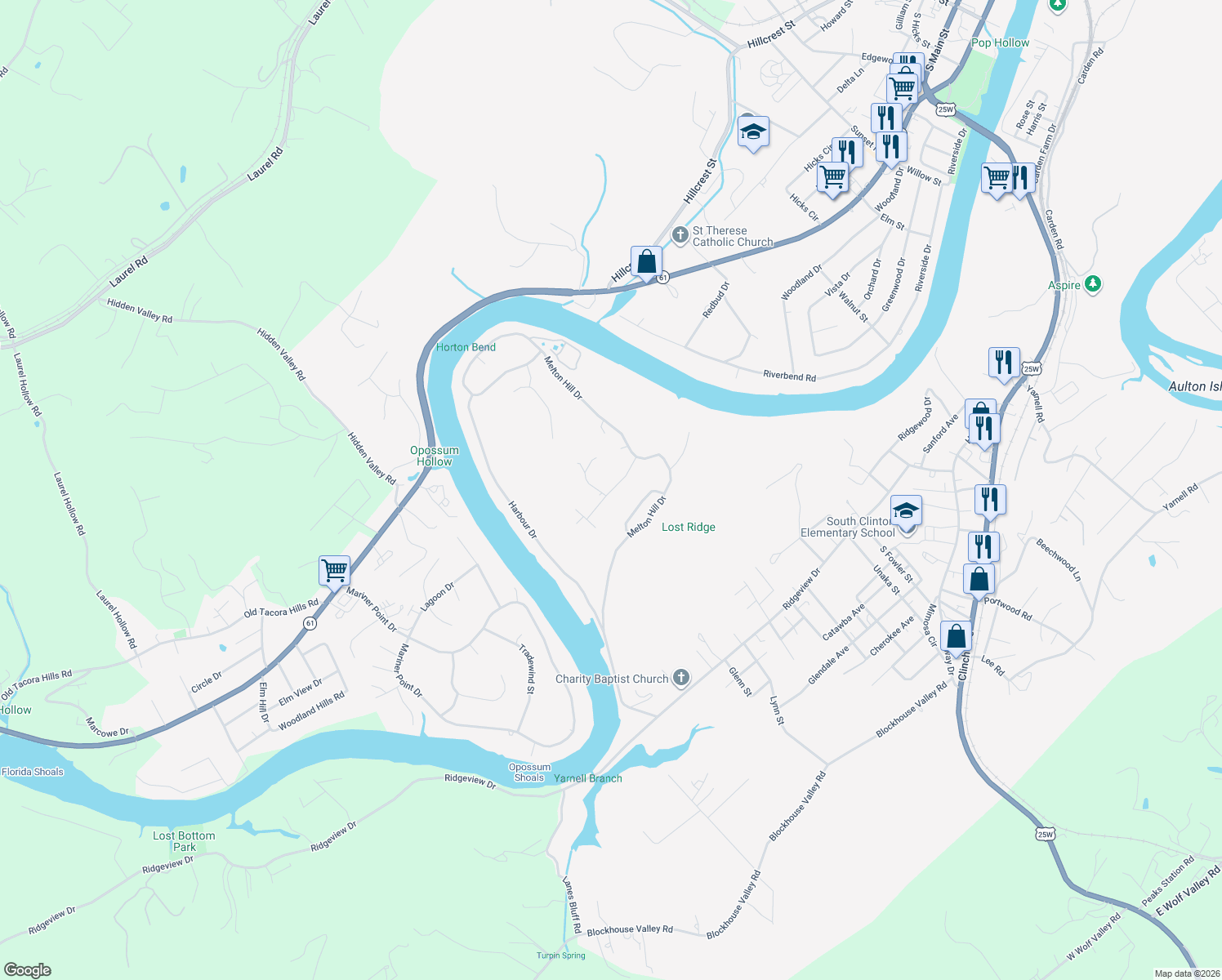 map of restaurants, bars, coffee shops, grocery stores, and more near Mountain Meadow Lane in Clinton