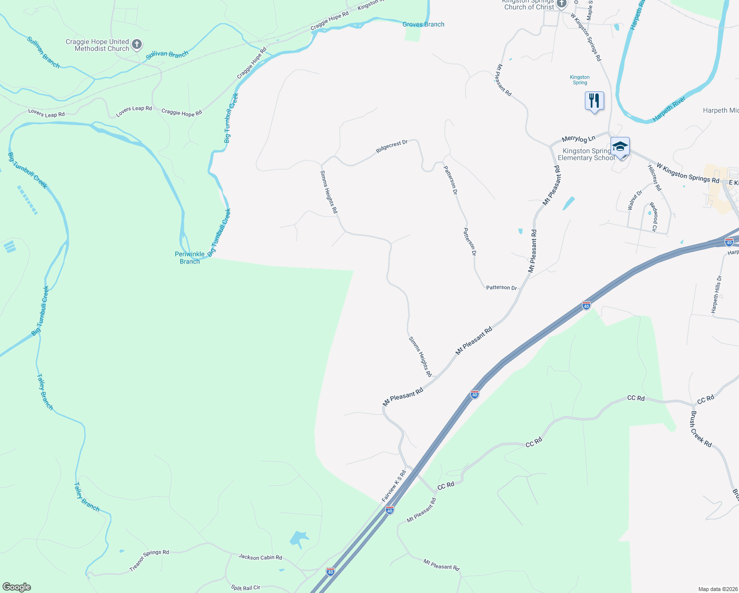map of restaurants, bars, coffee shops, grocery stores, and more near 1071 Simms Heights Road in Kingston Springs