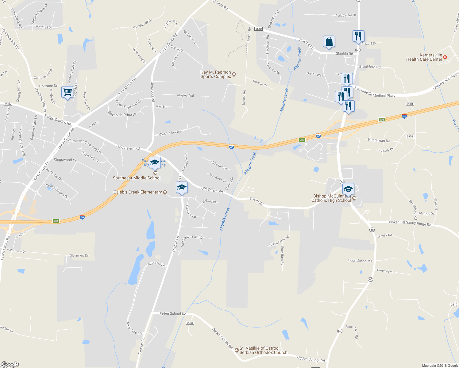 map of restaurants, bars, coffee shops, grocery stores, and more near 110 Cheviot Drive in Kernersville