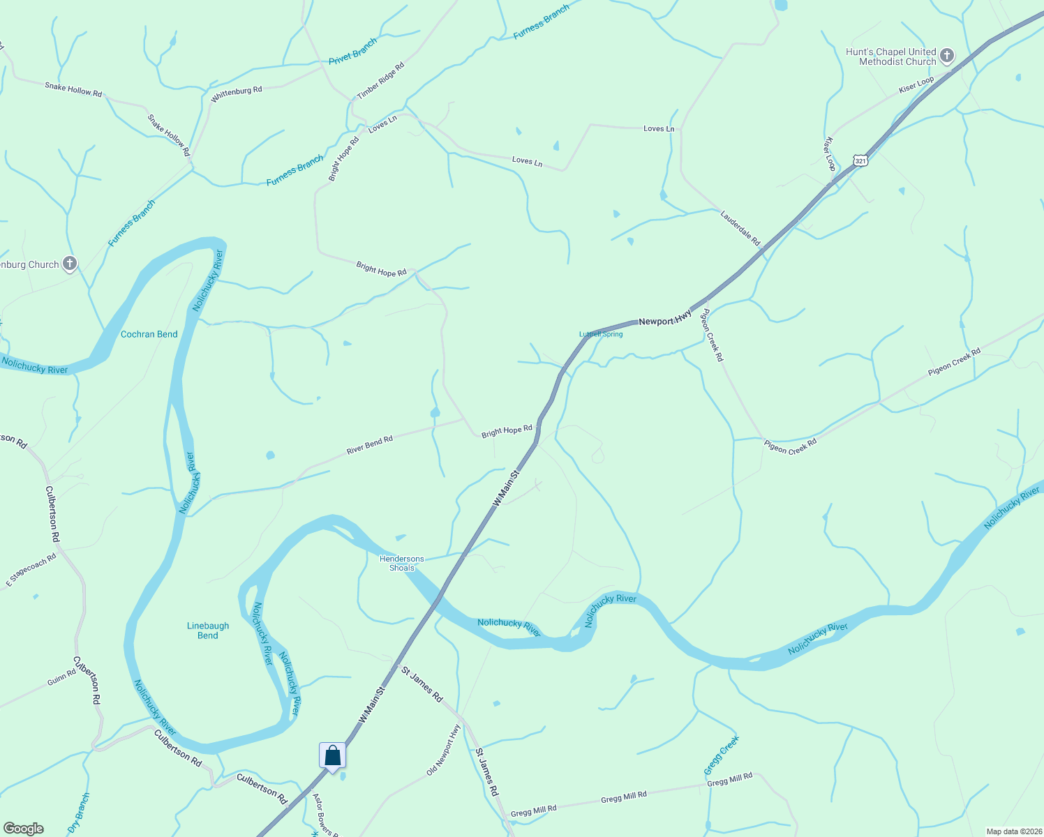 map of restaurants, bars, coffee shops, grocery stores, and more near 150 Bright Hope Road in Greeneville