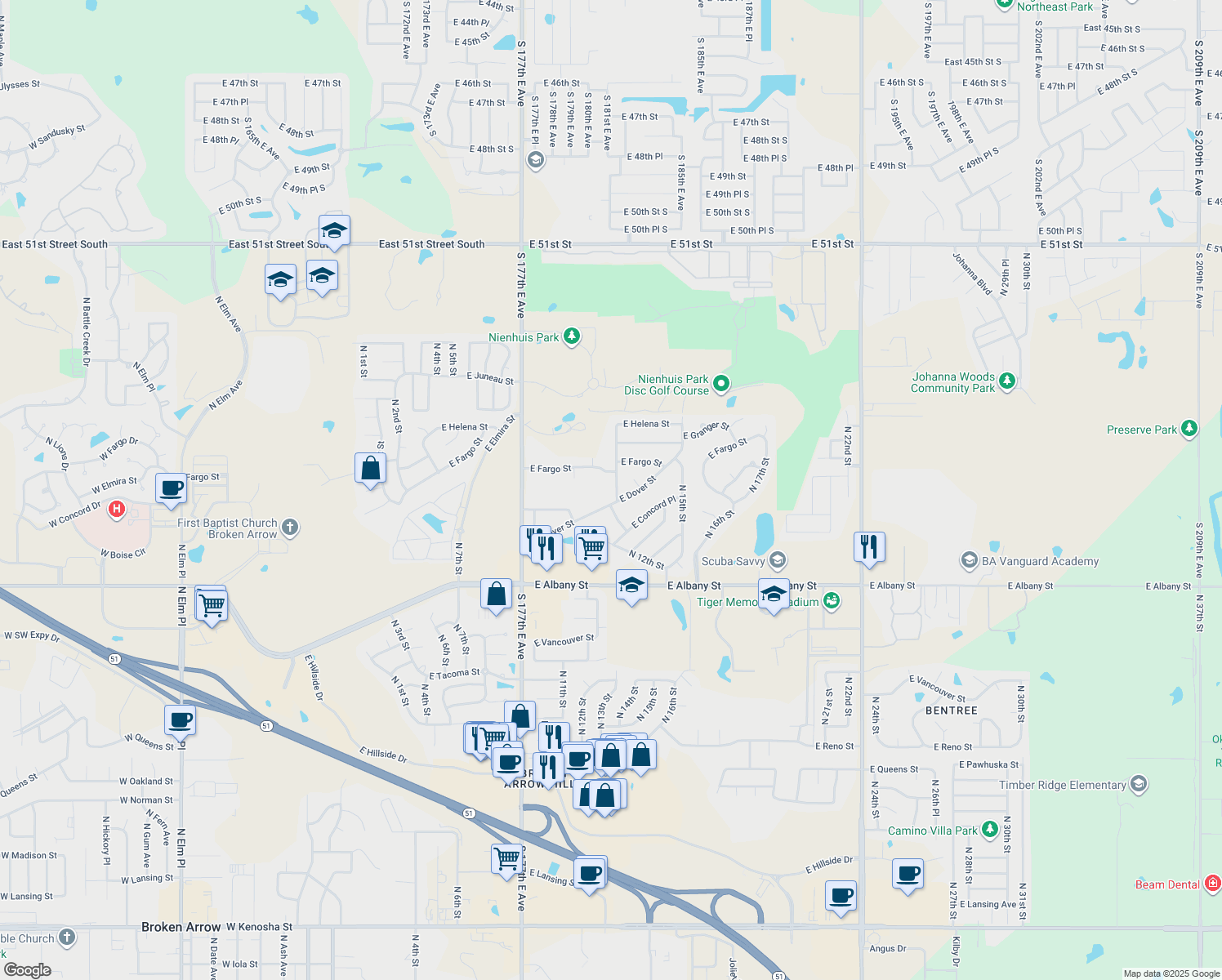 map of restaurants, bars, coffee shops, grocery stores, and more near 2704 N 13th St in Broken Arrow