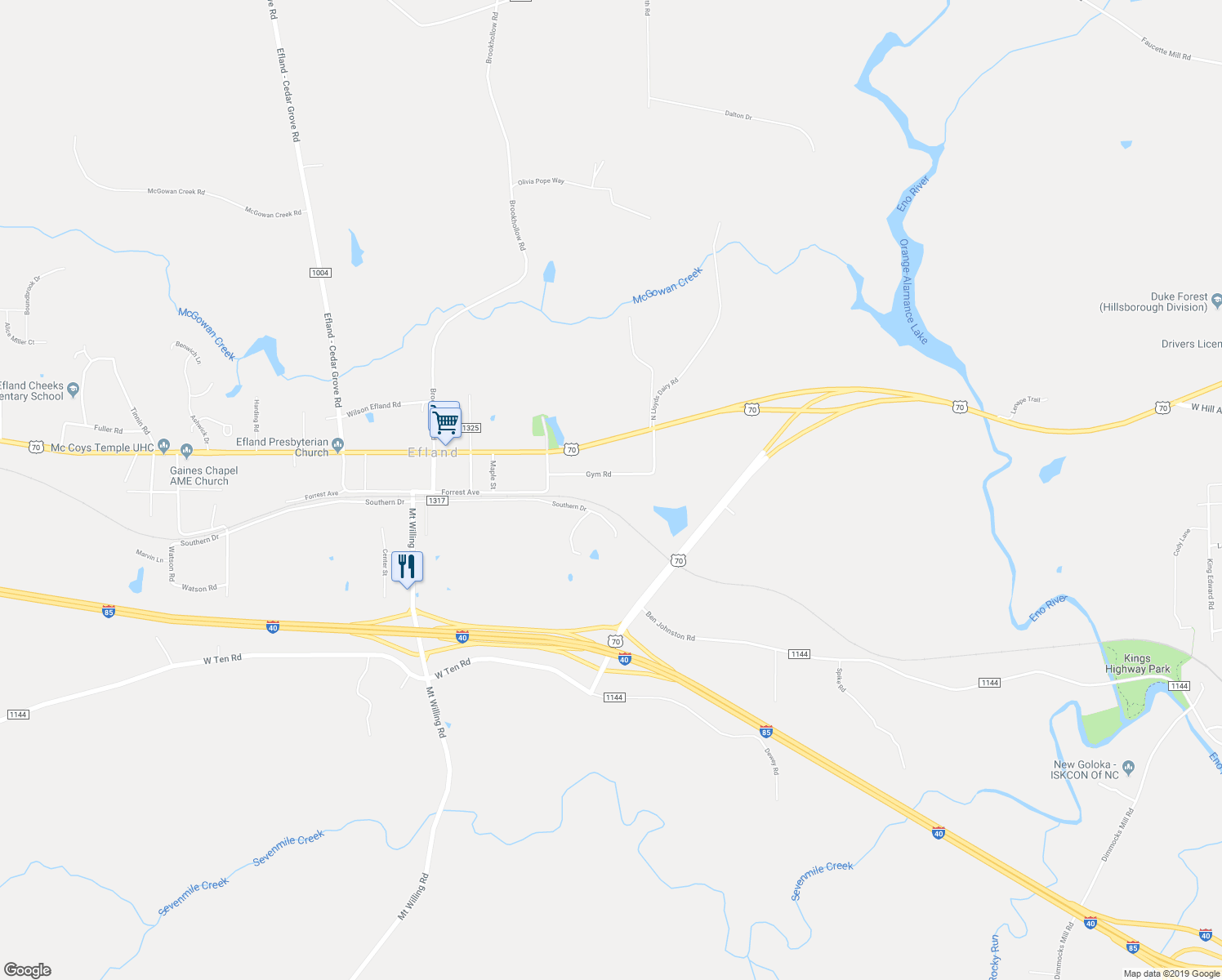 map of restaurants, bars, coffee shops, grocery stores, and more near 3004 Gym Rd in Efland
