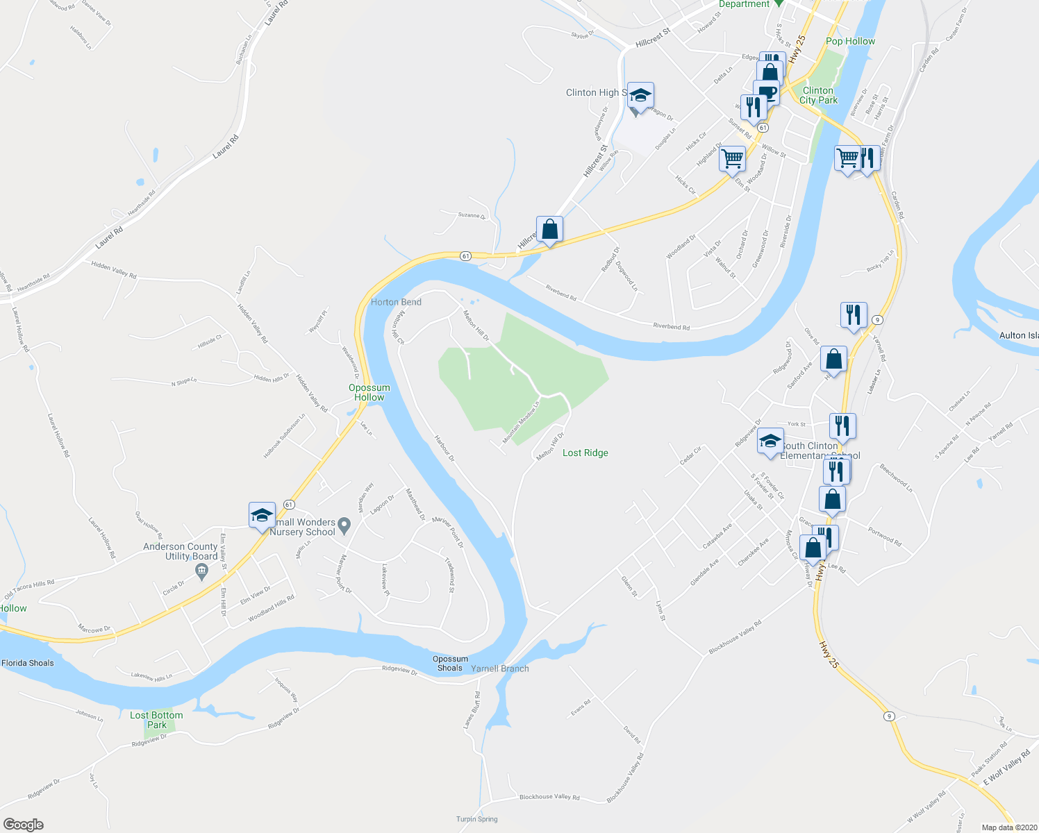 map of restaurants, bars, coffee shops, grocery stores, and more near 129 Mountain Meadow Lane in Clinton