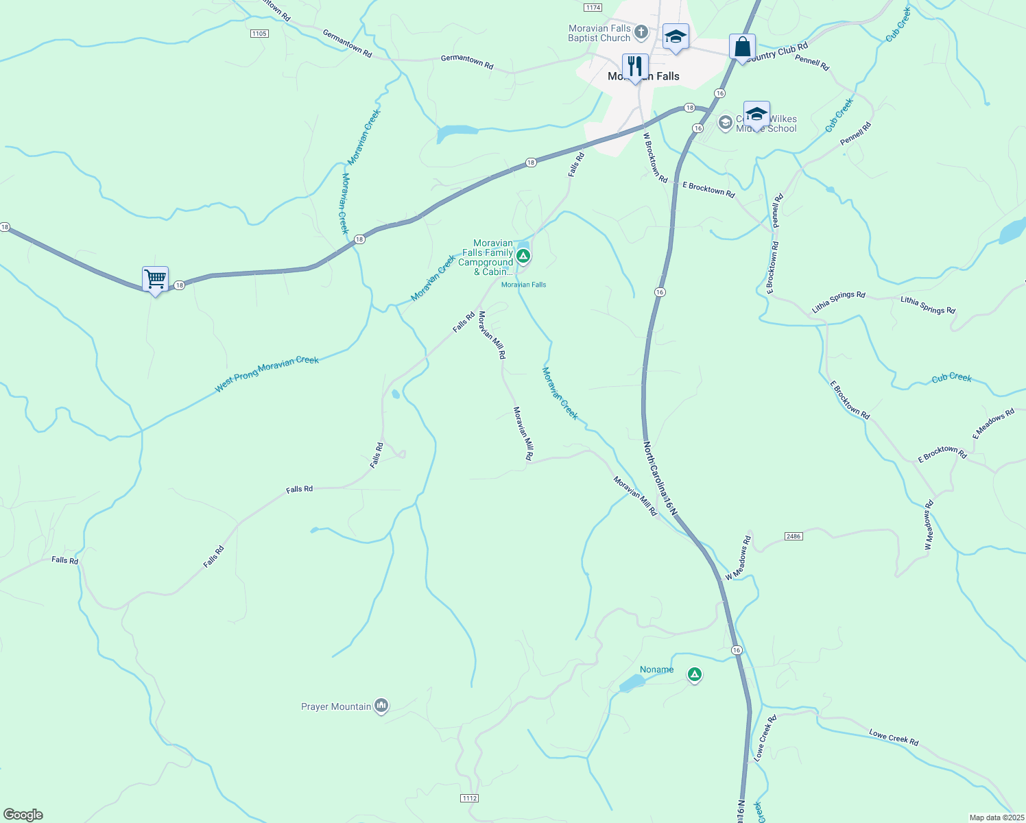map of restaurants, bars, coffee shops, grocery stores, and more near 622 Moravian Mill Road in Moravian Falls