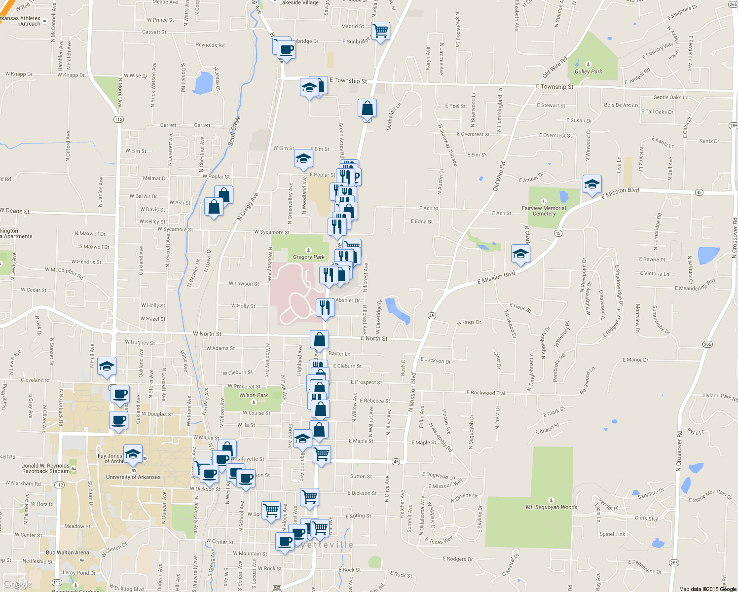 map of restaurants, bars, coffee shops, grocery stores, and more near 1330 N Hillcrest Ave in Fayetteville