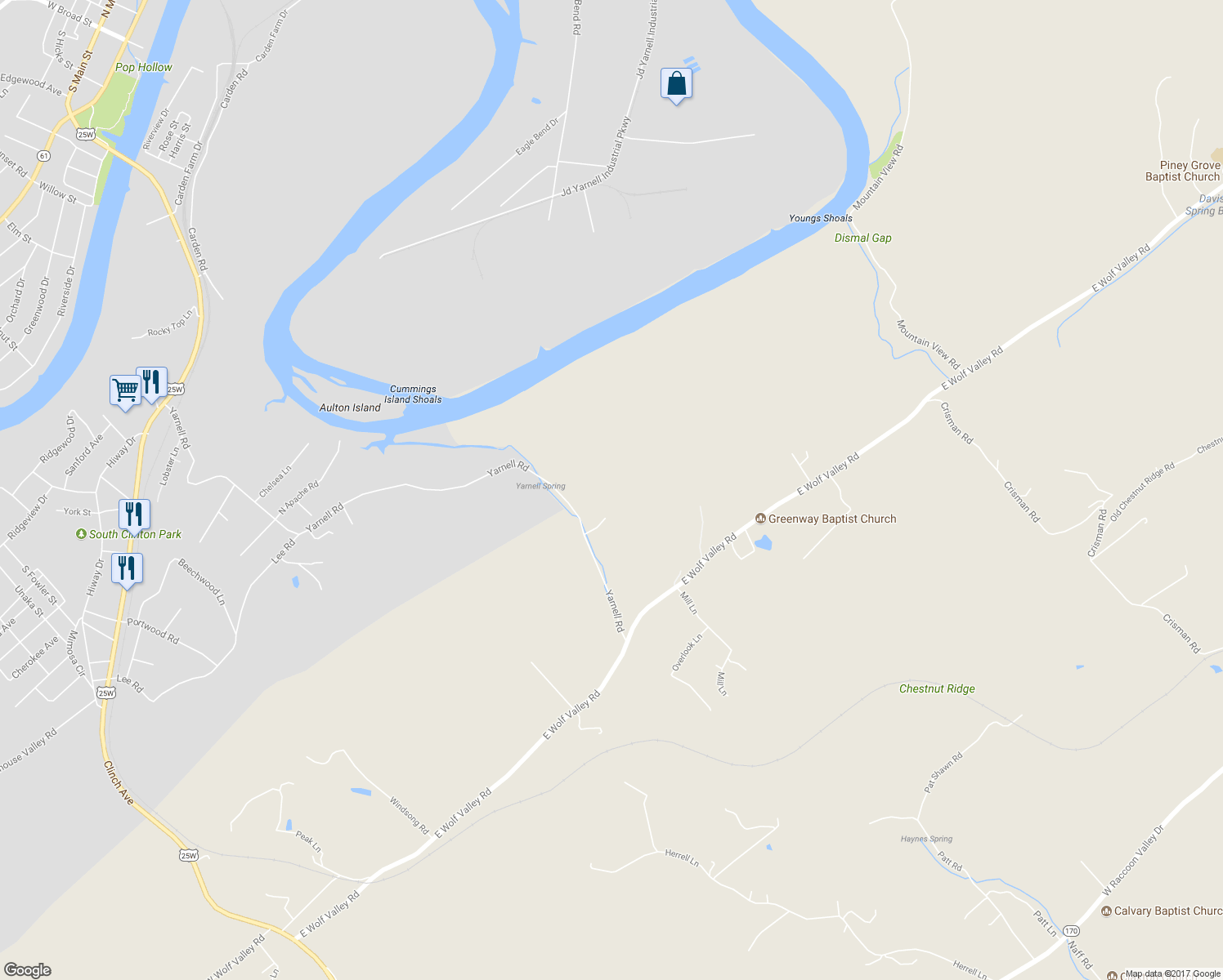 map of restaurants, bars, coffee shops, grocery stores, and more near 613 Yarnell Road in Clinton
