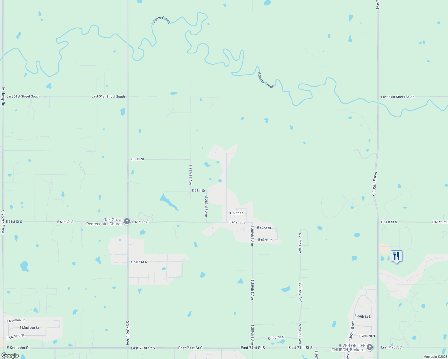 map of restaurants, bars, coffee shops, grocery stores, and more near 5710 South 286th East Avenue in Broken Arrow