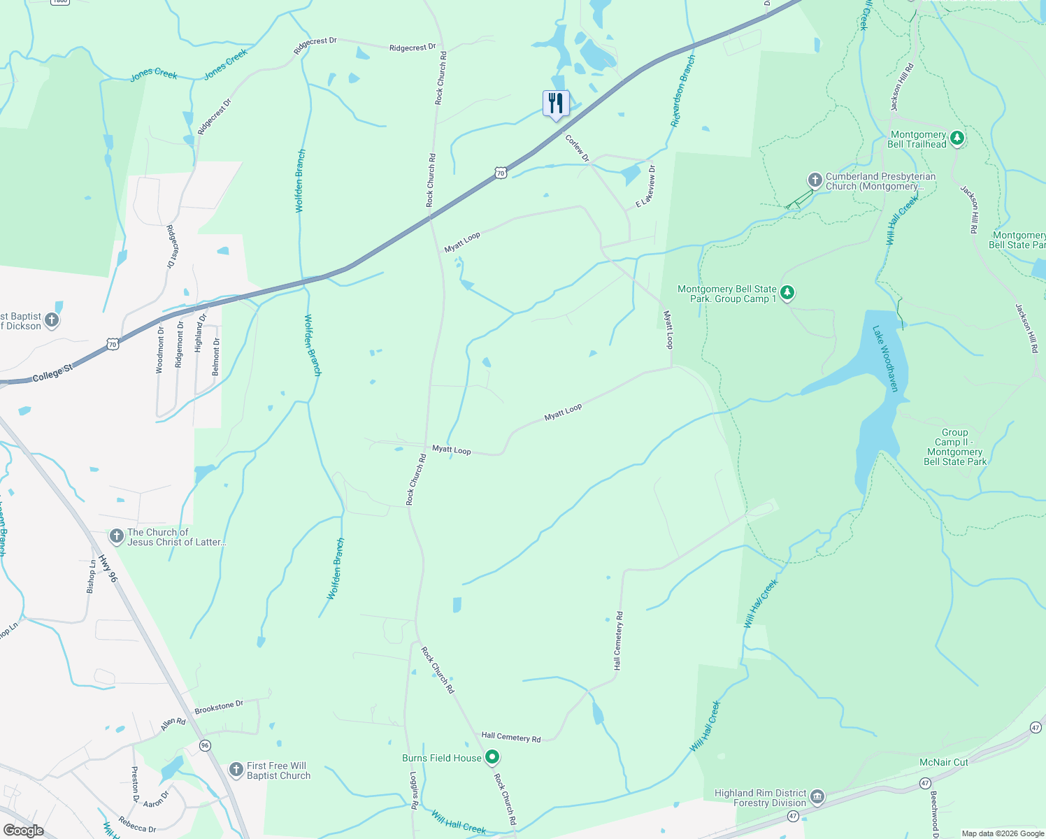 map of restaurants, bars, coffee shops, grocery stores, and more near 1430 Myatt Loop Rd in Burns