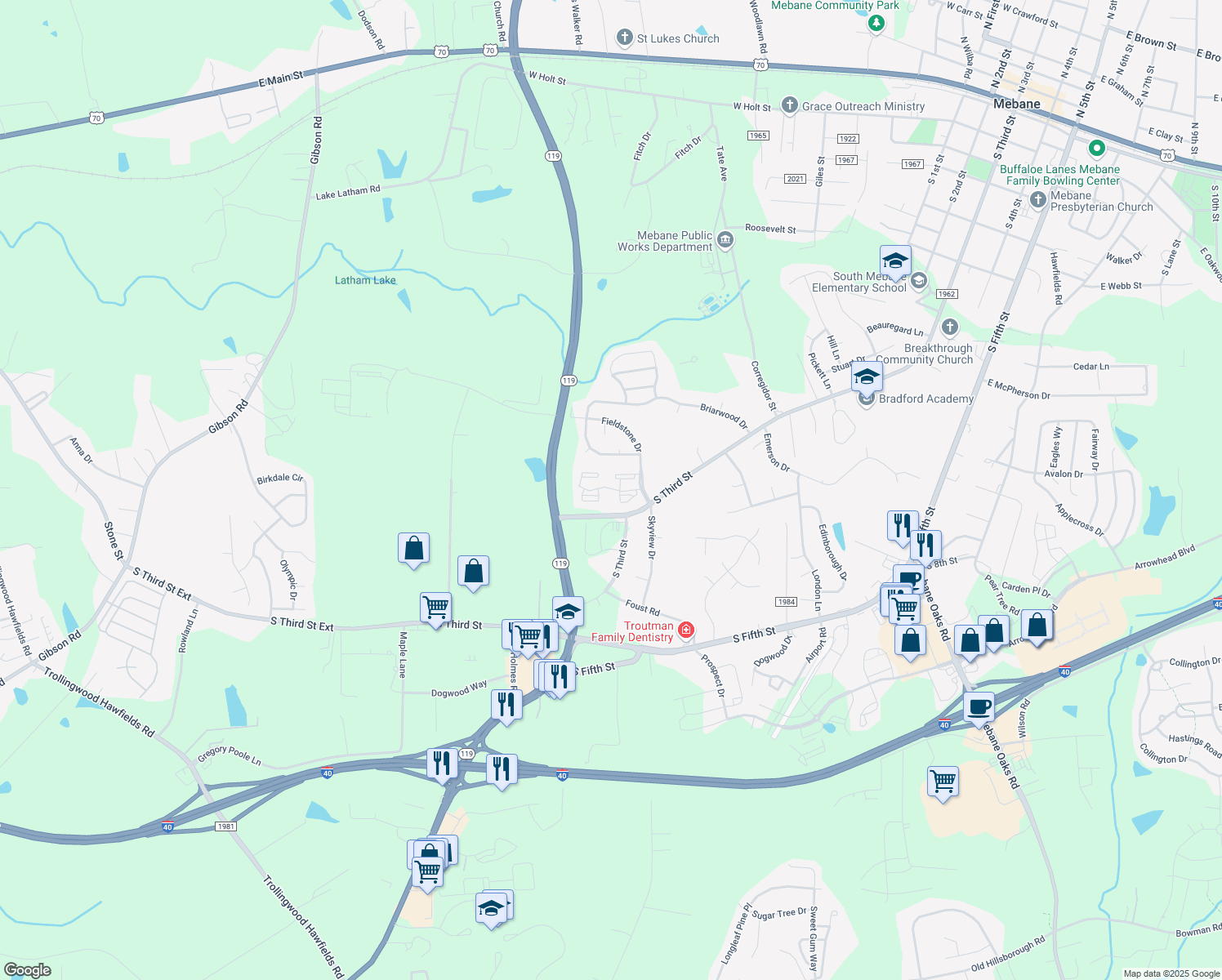 map of restaurants, bars, coffee shops, grocery stores, and more near 510 Quaker Creek Drive in Mebane